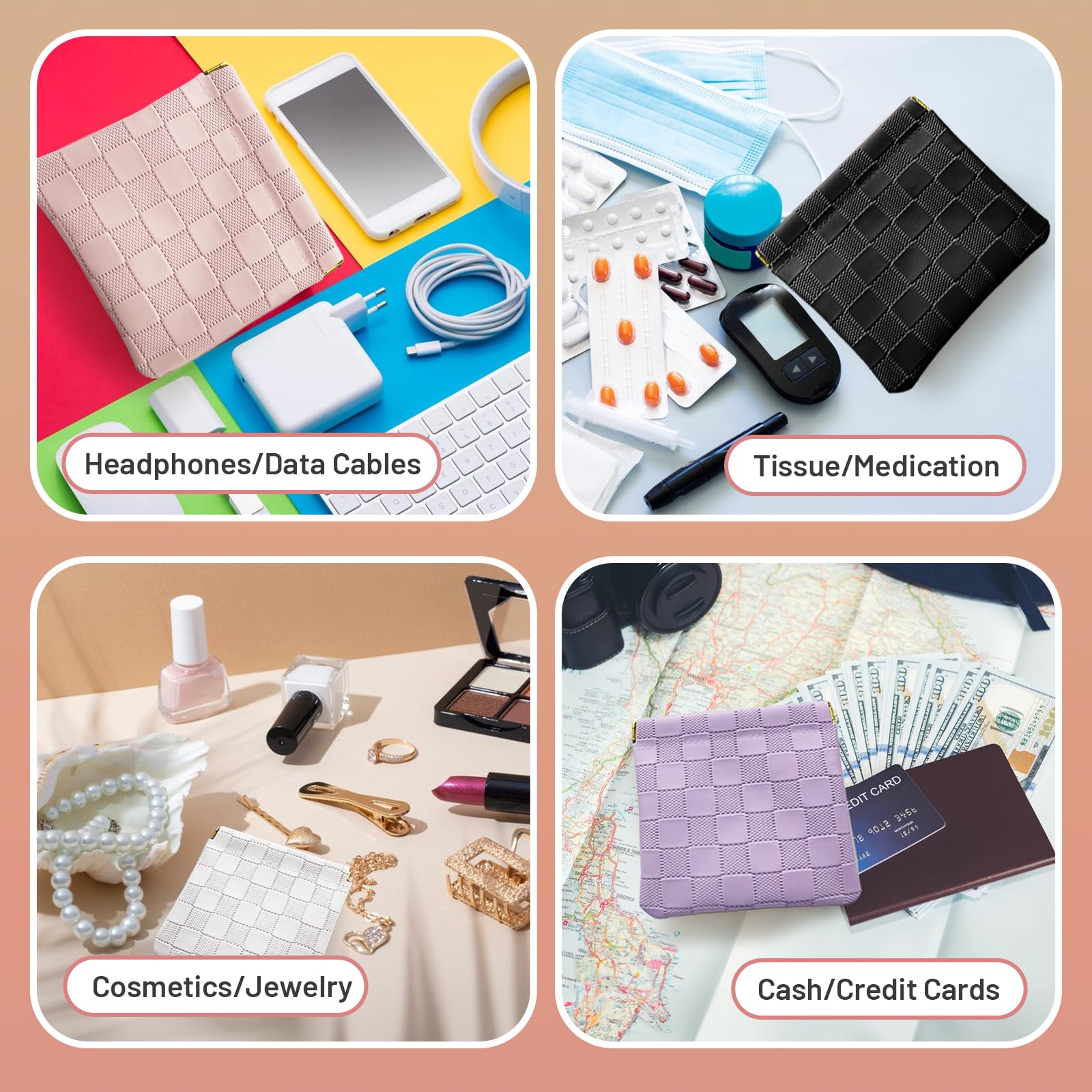 4PCS Cute Checkered Mini Makeup Bags 7.09
