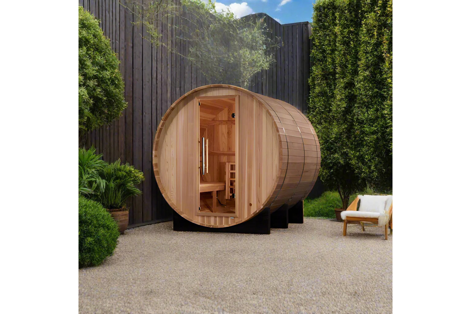 Golden Designs Arosa 4-Person Barrel Sauna - Traditional Wooden Home Spa for Relaxation & Detox - Perfect for Backyard, Basement or Home Gym Use