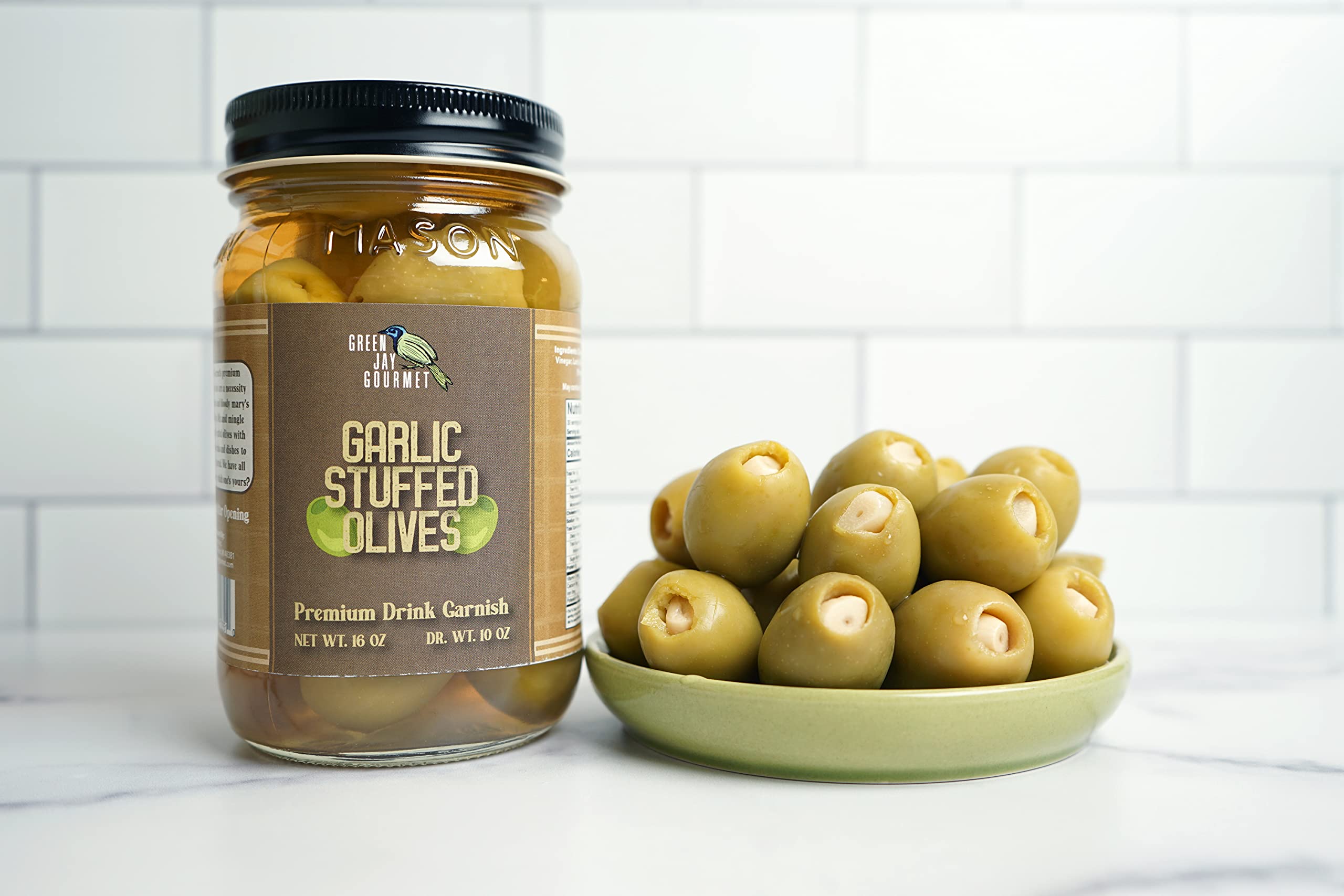 **Green Jay Gourmet Garlic Stuffed Olives – Large All-Natural Stuffed Green Olives for Dirty Martinis, Cocktail Garnish & Cheese Boards – 32oz (2 lbs) – Perfect for Parties, Charcuterie & Gourmet Recipes**