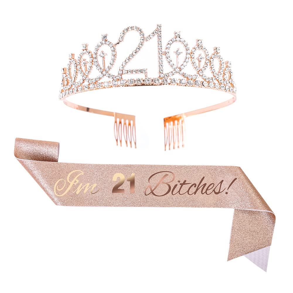 21st Birthday Tiara and Sash Set - 'I'm 21 Btches' Rose Gold Sash with Crystal Crown | Perfect 21st Birthday Gift for Women | Great for Birthday Parties, Bachelorette Celebrations & Girls Night Out