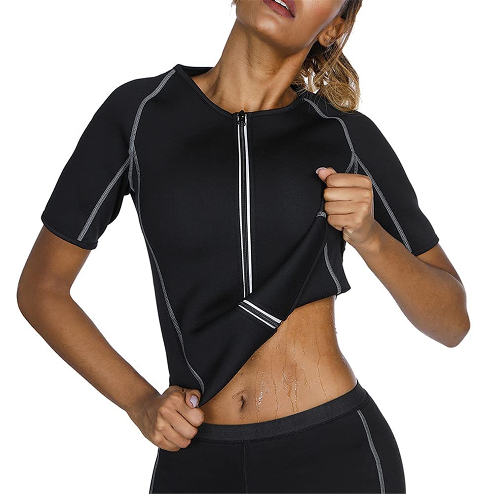 IOLMNG Women's Slimming Neoprene Vest - Short Sleeve Workout Top for Sauna & Fat Burning - Thermo Sweat Shirt for Weight Loss - Black Size S - Perfect for Gym, Yoga & Home Fitness