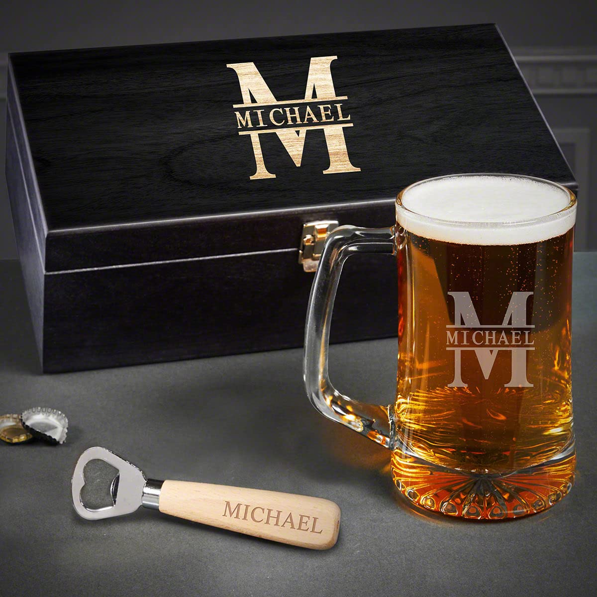 Personalized Beer Mug Gift Box Set with Oakmont Design - Custom Engraved Glassware for Men, Groomsmen, Dad - Perfect for Weddings, Birthdays, Anniversary Gifts & Home Bar Decor