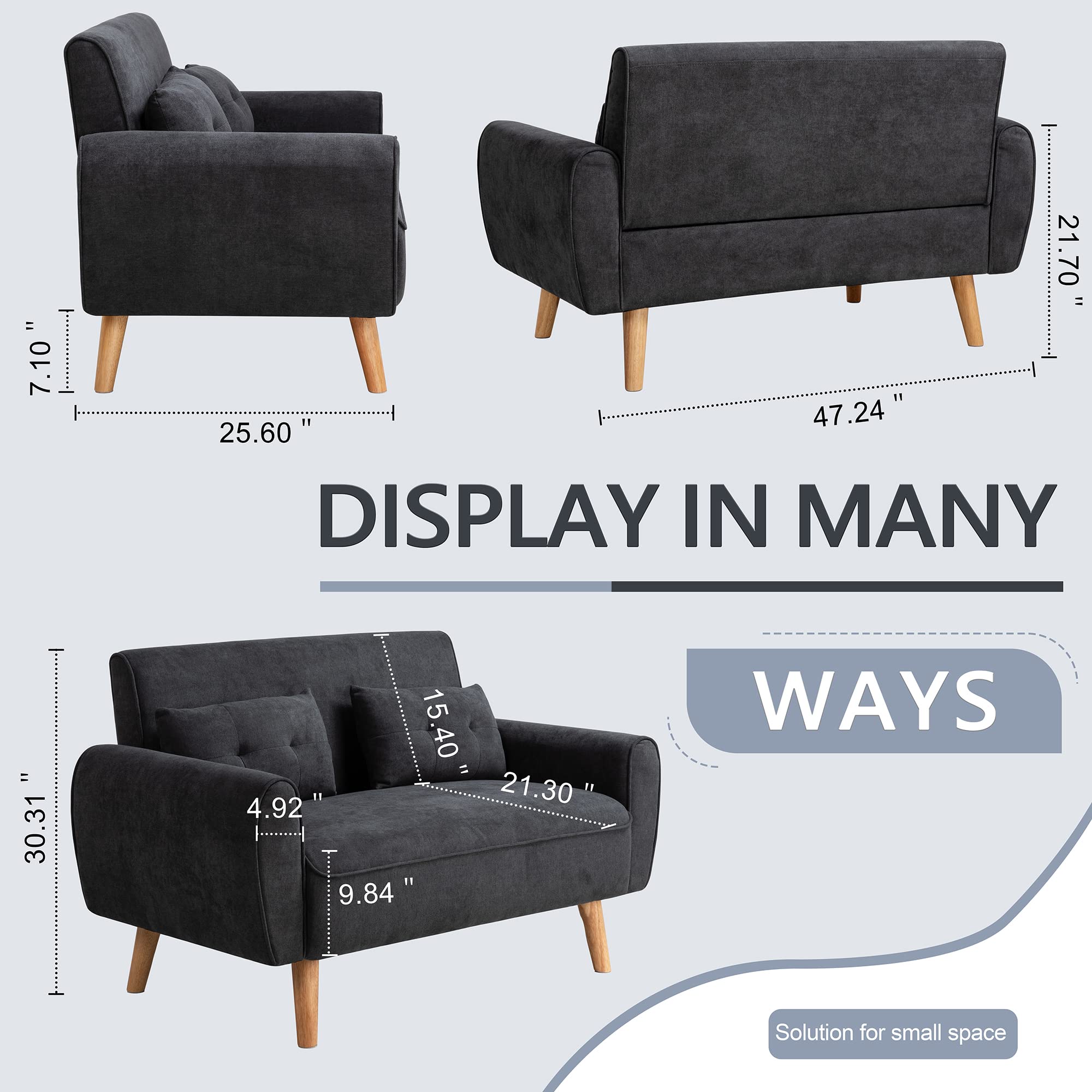Shintenchi Modern Loveseat Sofa - Mid Century Fabric Upholstered 2-Seat Couch for Small Spaces, Living Room, Apartment or Studio - Includes 2 Decorative Pillows (Black) - Perfect for Compact Homes, Cozy Reading Nooks and Entertaining Guests