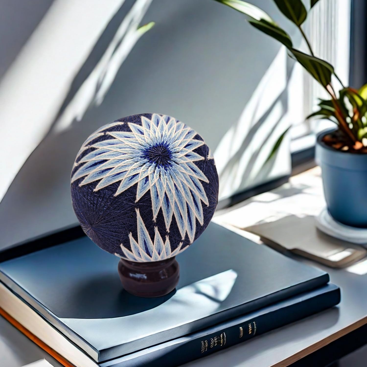 Handmade Japanese Temari Ball - Zen Art Decor for Desk, Home & Office - Unique Japanese Art Gift with Feather Design (Perfect for Meditation Spaces, Office Decor & Thoughtful Gifts)