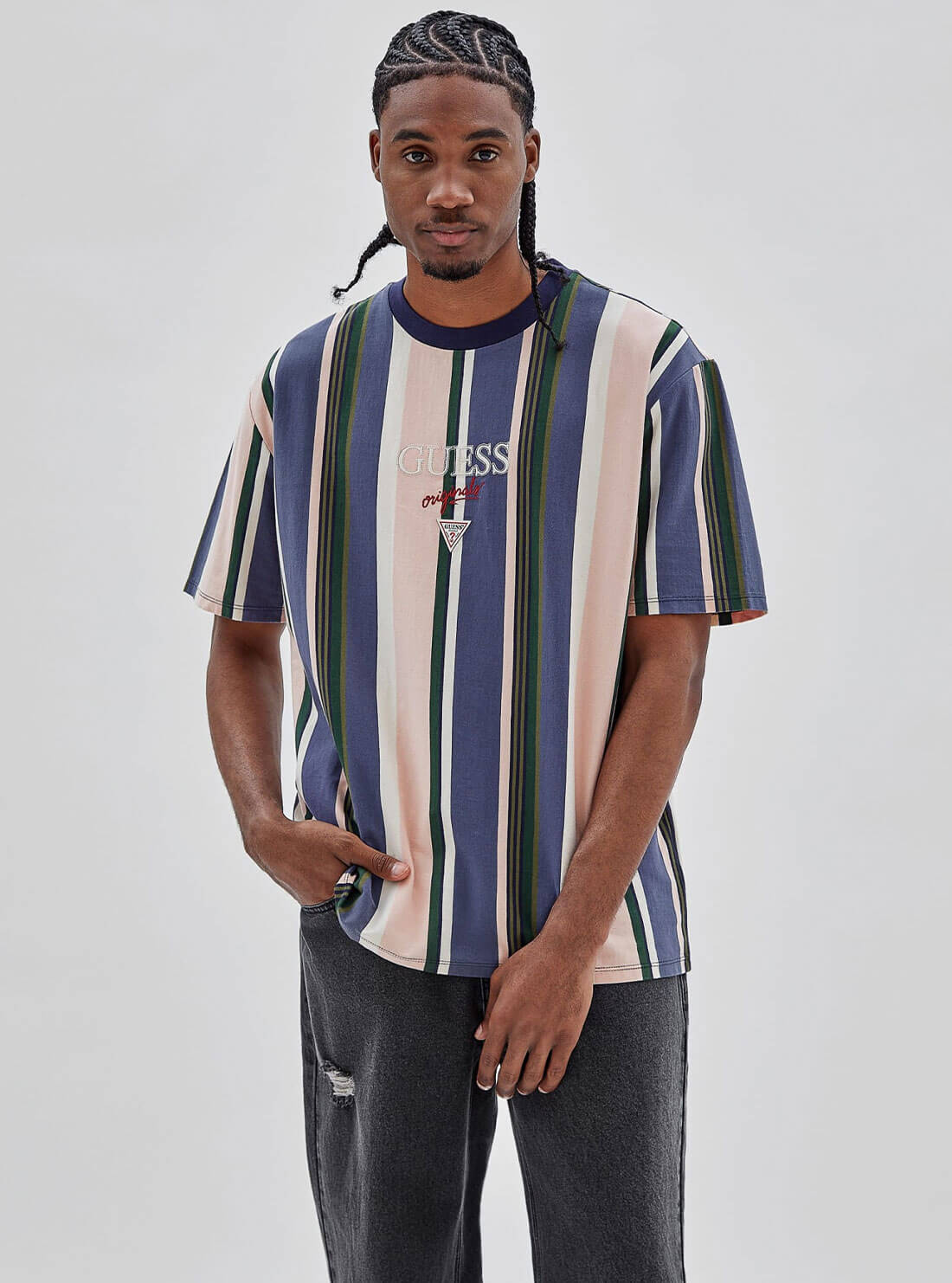 Guess Originals Blue Multi Stripe Logo T-Shirt for Men | Casual Cotton Short Sleeve Tee | Perfect for Everyday Wear, Street Style & Summer Outfits