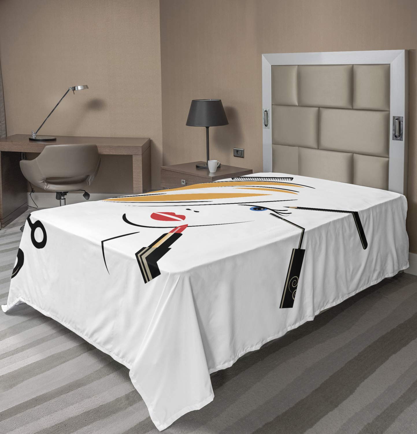 Ambesonne Hair Salon Flat Sheet - Beauty Salon Theme with Makeup, Hairdo, Comb, Lipstick & Scissors Design - Soft Comfortable Decorative Bedding for Twin Size Bed - Perfect for Salon-Themed Bedrooms, Beauty Enthusiasts & Unique Home Decor (Black Earth Yellow)