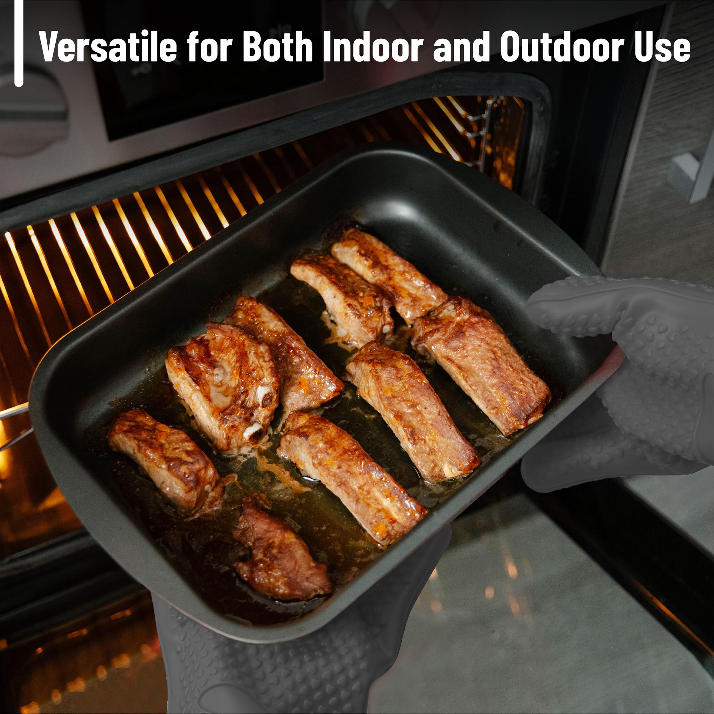 Heat Resistant BBQ Grill Gloves - Grey Silicone Oven Mitts for Grilling, Cooking & Baking - Perfect for Outdoor BBQ, Camping & Kitchen Use