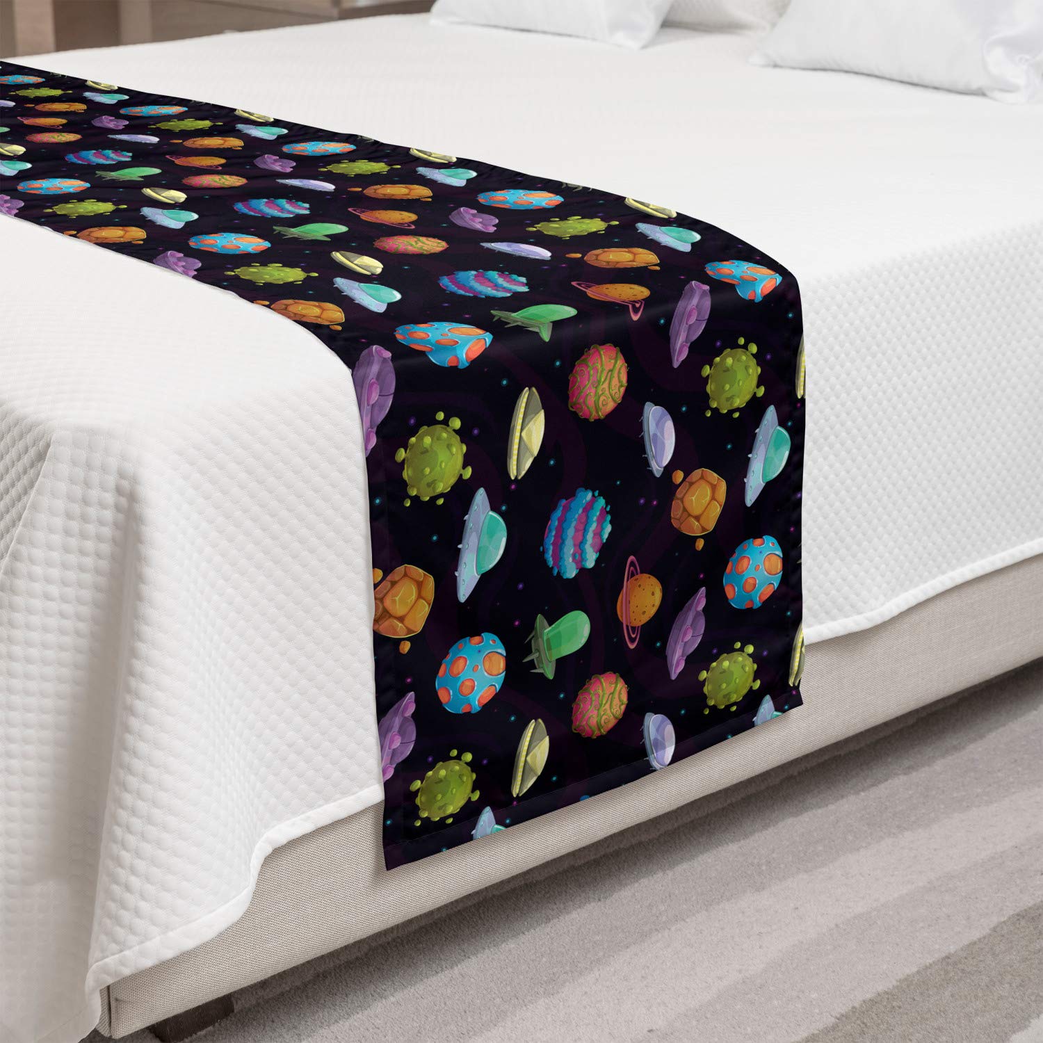 Ambesonne Space Themed Bed Runner - UFOs, Planets & Sci-Fi Design for Home Decor | Decorative Bed Scarf for Hotels, Guest Rooms & Bedrooms | Perfect for Space Enthusiasts & Sci-Fi Lovers
