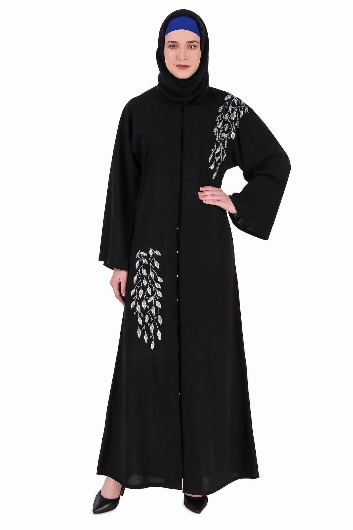 Elegant Front Open Hand Leaf Embroidered Dubai Abaya Dress for Women - Perfect for Islamic Prayer, Eid Celebrations & Modest Fashion