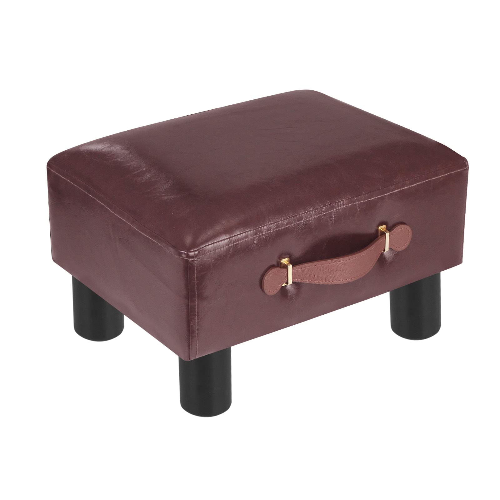 PU Leather Small Ottoman Stool with Handle - Modern Footrest for Office Chair, Living Room & Bedroom - Touch-Rich Brown Footstool for Comfortable Seating & Relaxation