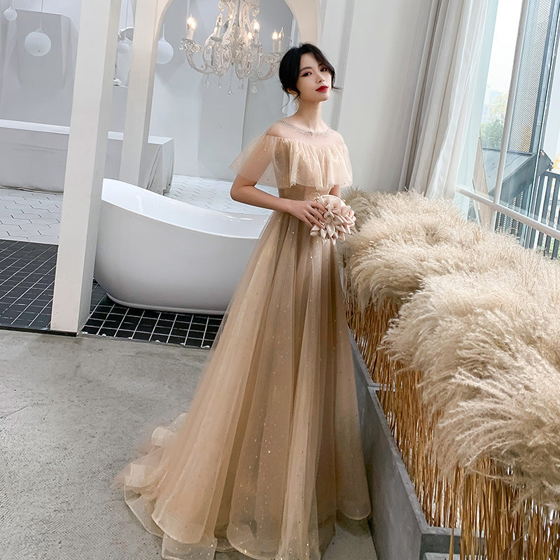 Elegant Off Shoulder A-Line Tulle Prom Dress in Shiny Khaki - Formal Evening Gown for Homecoming, Quinceañera & Special Occasions