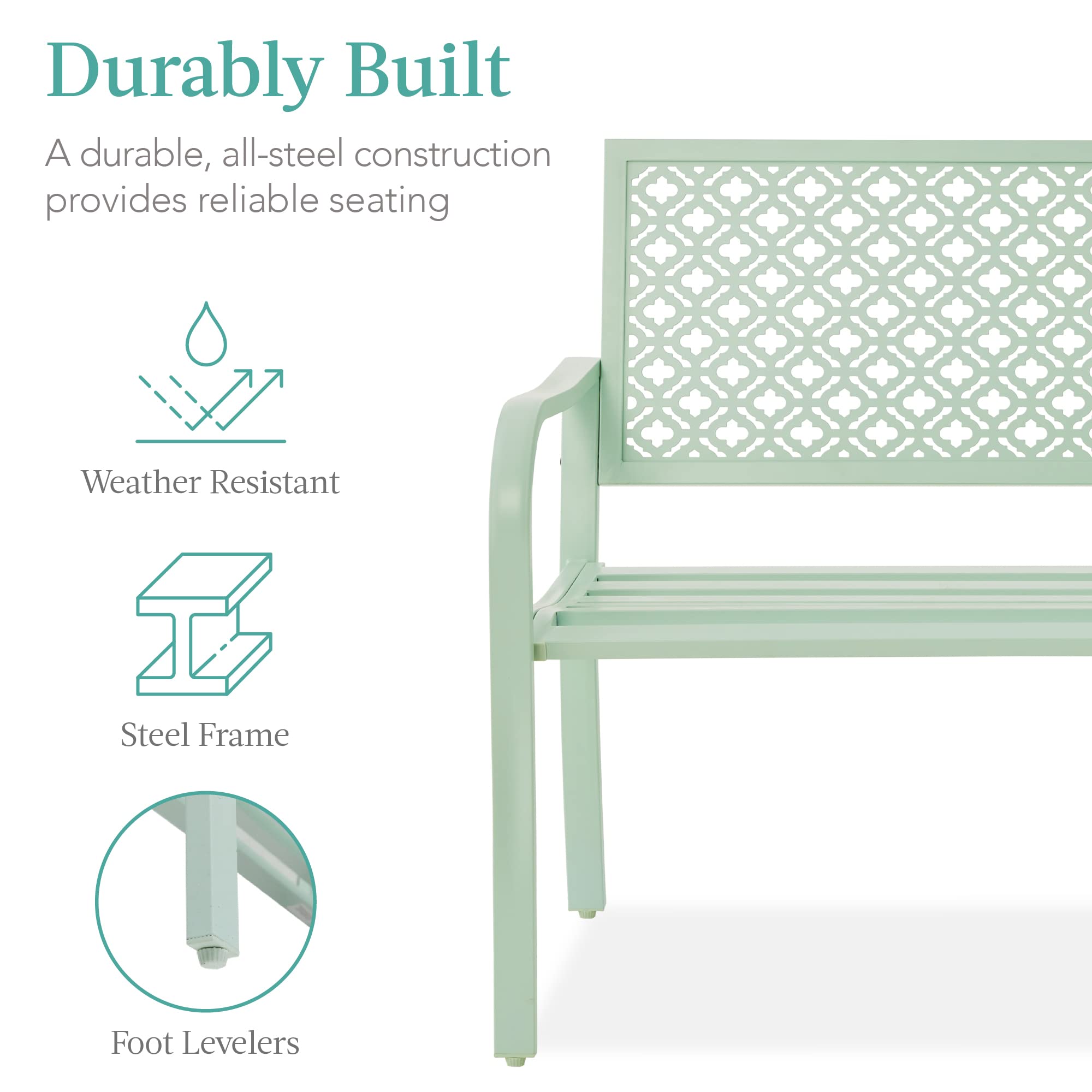 Best Choice Products 2-Person Outdoor Metal Bench with Geometric Backrest - 790lb Weight Capacity, Mint Green Steel Garden Bench for Patio, Porch, Entryway - Perfect for Outdoor Relaxation and Garden Decor