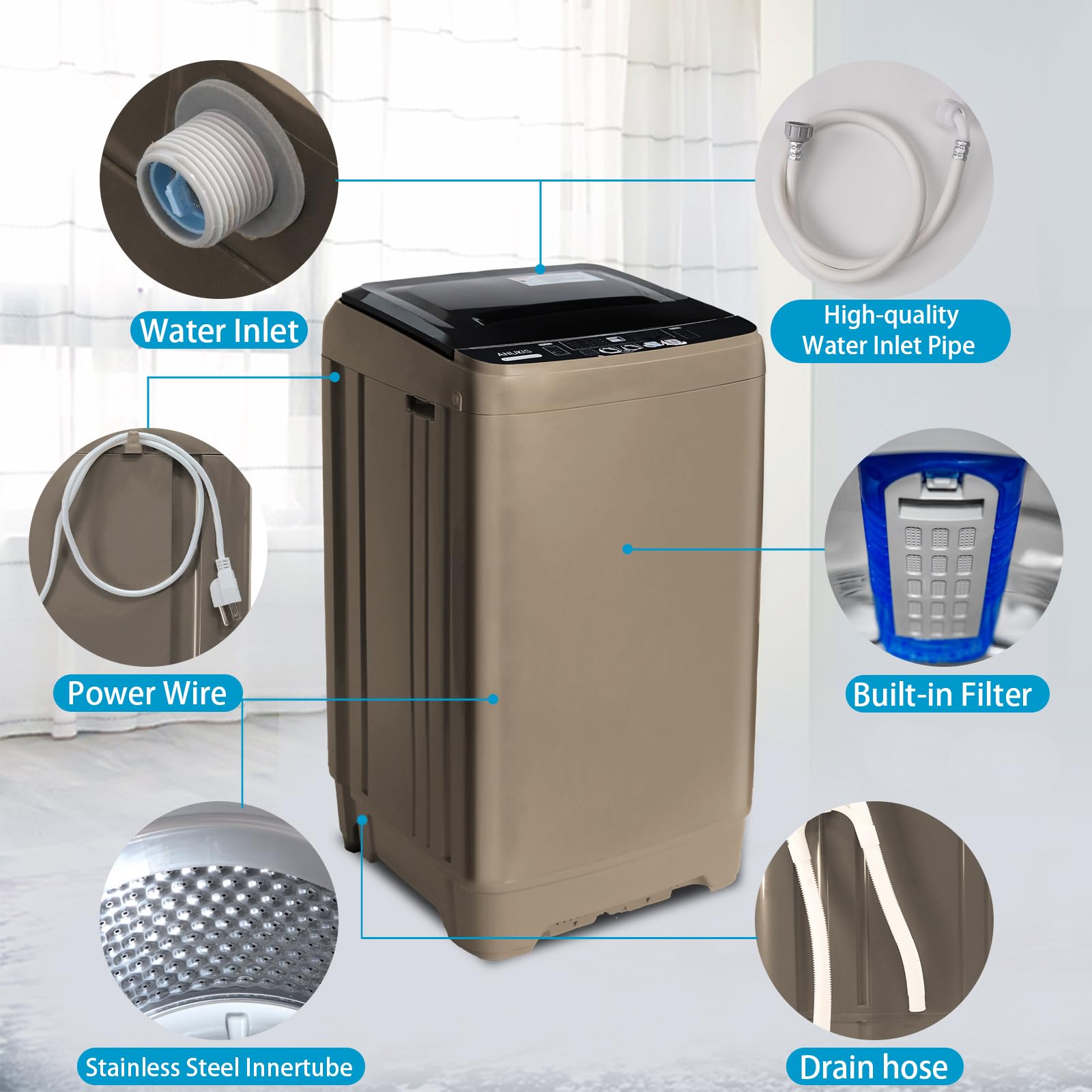 Anukis 13 lbs Portable Washing Machine - Fully Automatic Compact Washer with Drain Pump, 10 Wash Programs & 8 Water Levels - Perfect for Apartments, Dorms, RVs & Travel - Gold | Space-Saving Laundry Solution for Small Homes & Camping