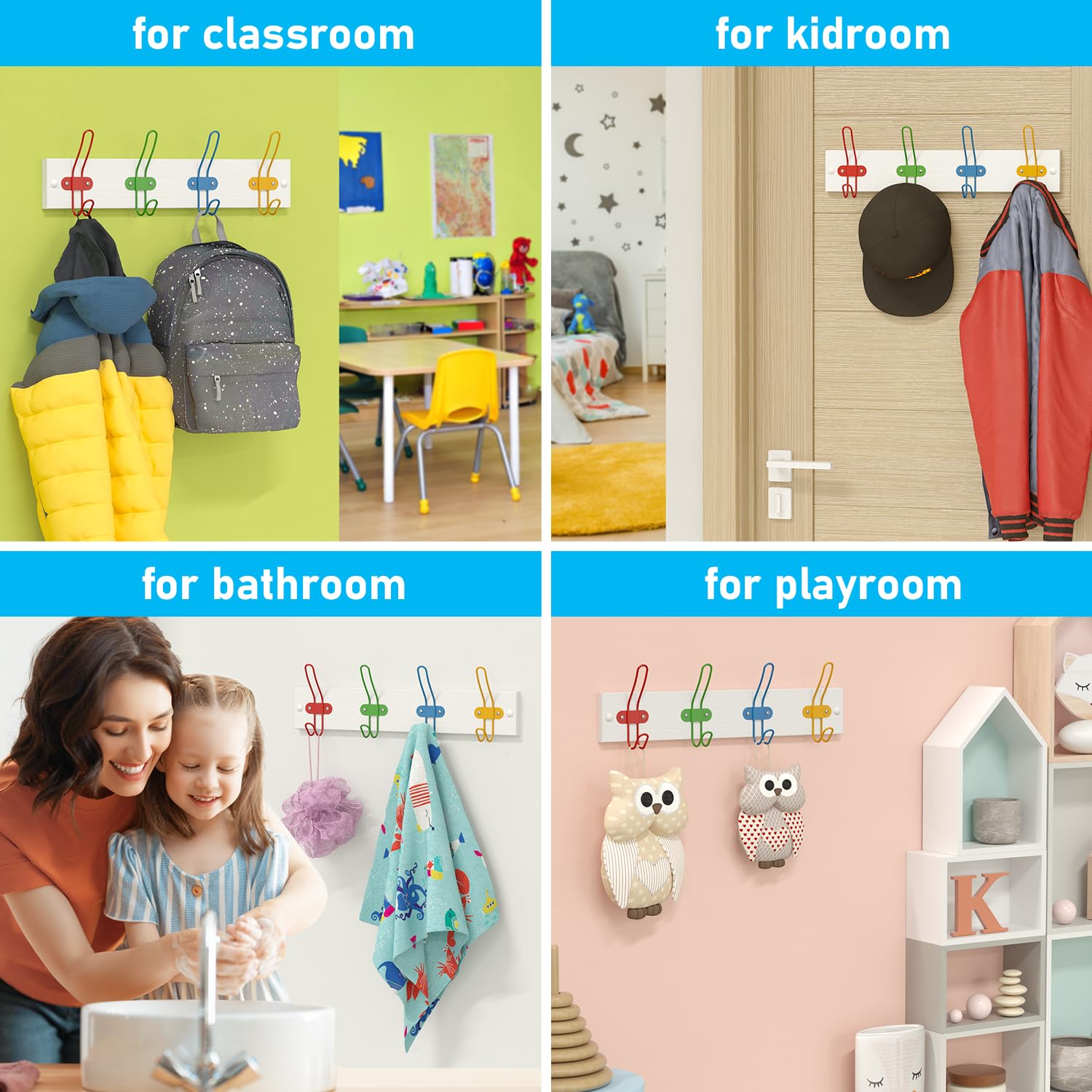 Colorful Kids Coat Rack Wall Mount with Hooks - Cute Wall Hangers for Girls & Boys to Organize Clothes, Jackets, Towels & Backpacks - Perfect for Children's Bedroom, Nursery, Bathroom & Playroom Organization