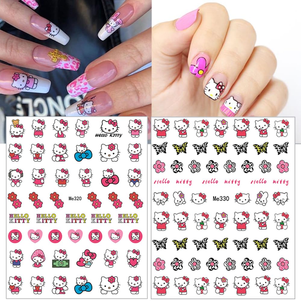 8 Sheets 3D Cute Nail Art Stickers - Self Adhesive Kawaii Cartoon Butterfly & Flower Designs - DIY Nail Decals for Women & Girls - Perfect for Acrylic Nails, Manicures & Party Nail Art Decorations