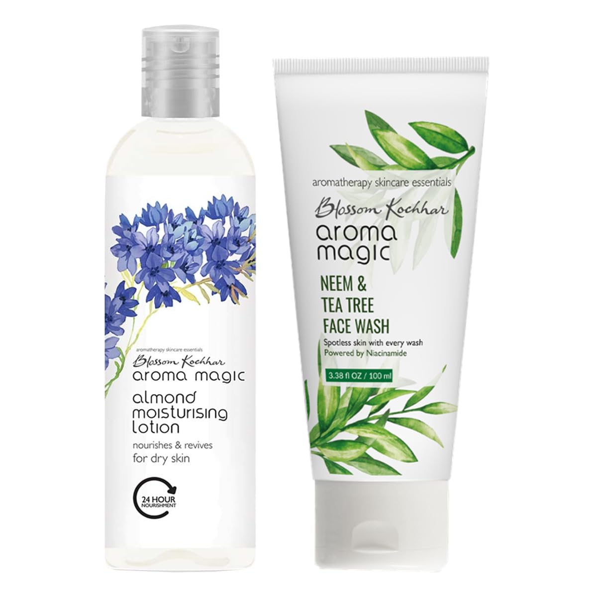 Aroma Magic Almond Moisturizing Lotion 100ml & Neem Tea Tree Face Wash 100ml Set - Hydrating Skincare Combo for Dry Skin & Acne-Prone Complexion | Daily Facial Care Routine