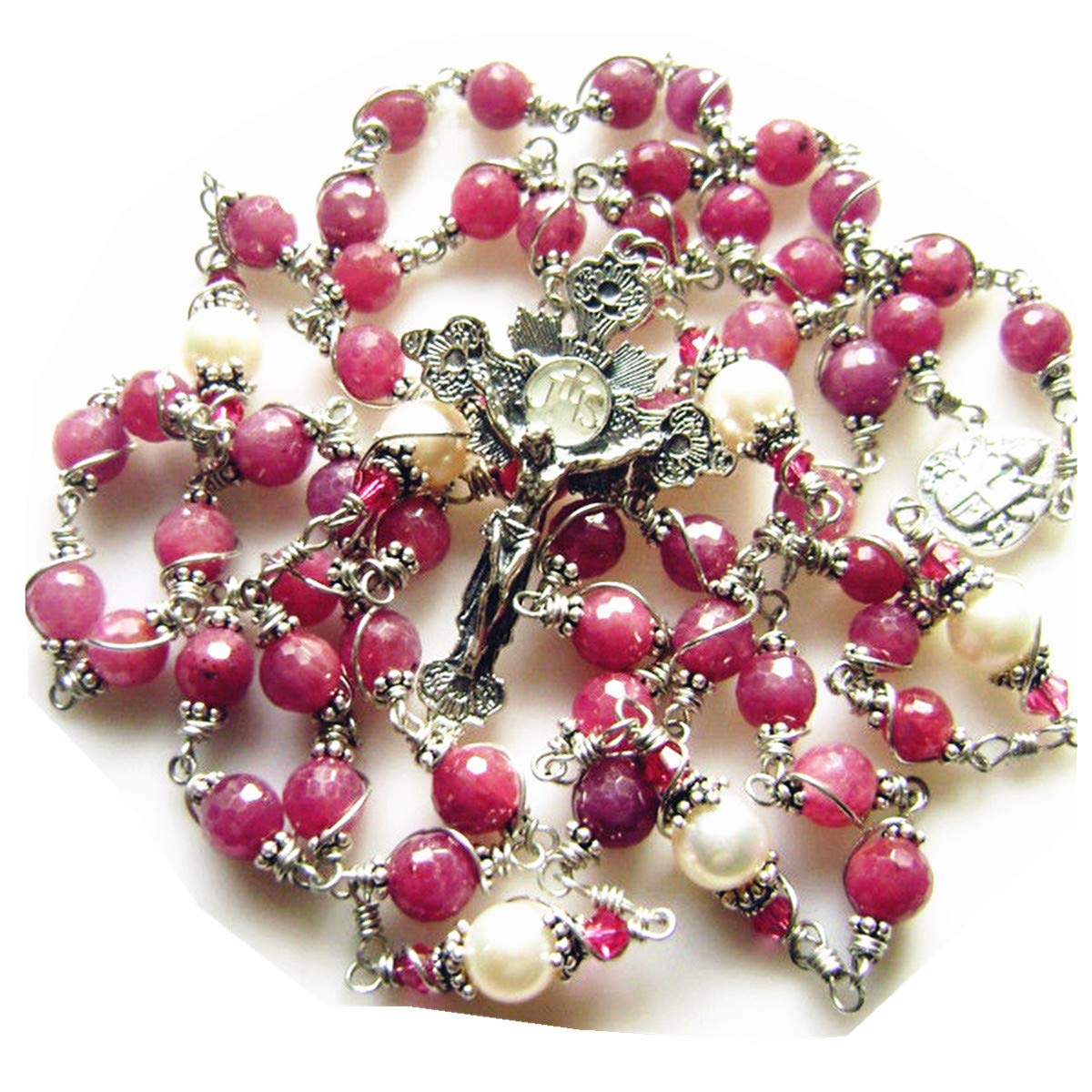Handmade 925 Sterling Silver Ruby Beads Rosary Cross Catholic Necklace - Elegant Religious Jewelry Gift Box for Prayer, Worship & Special Occasions