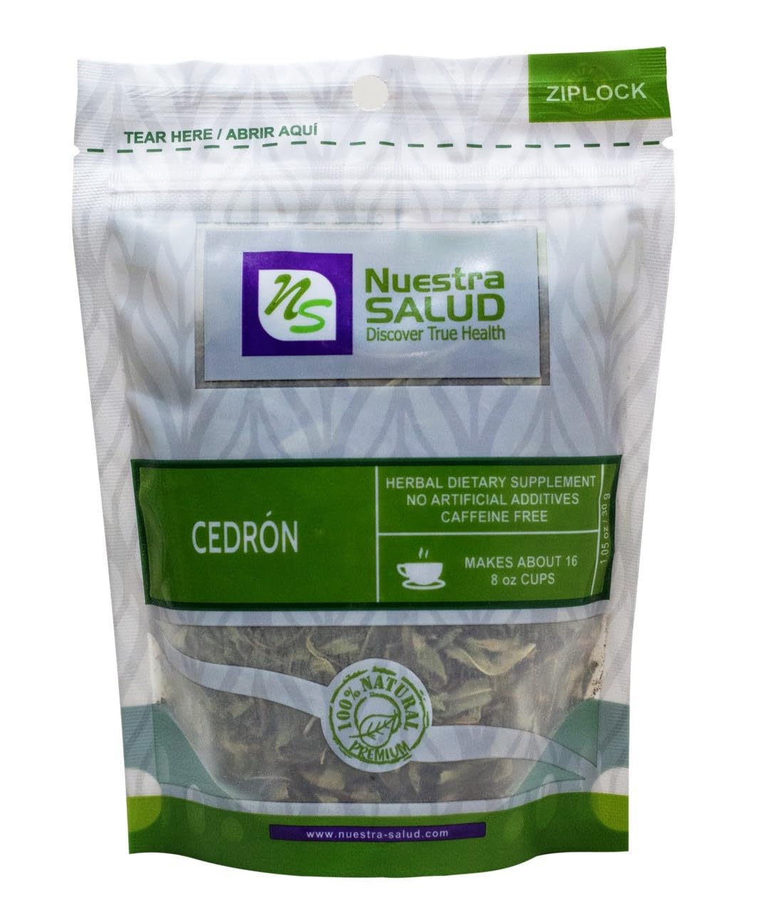 Nuestra Salud - 100% Natural Cedron (Lemon Verbena) Leaf Tea - Herbal Tea for Relaxation & Digestion - 30g / 1.052oz Resealable Zip-Lock Bag - Perfect for Stress Relief, After Meals & Evening Tea Time