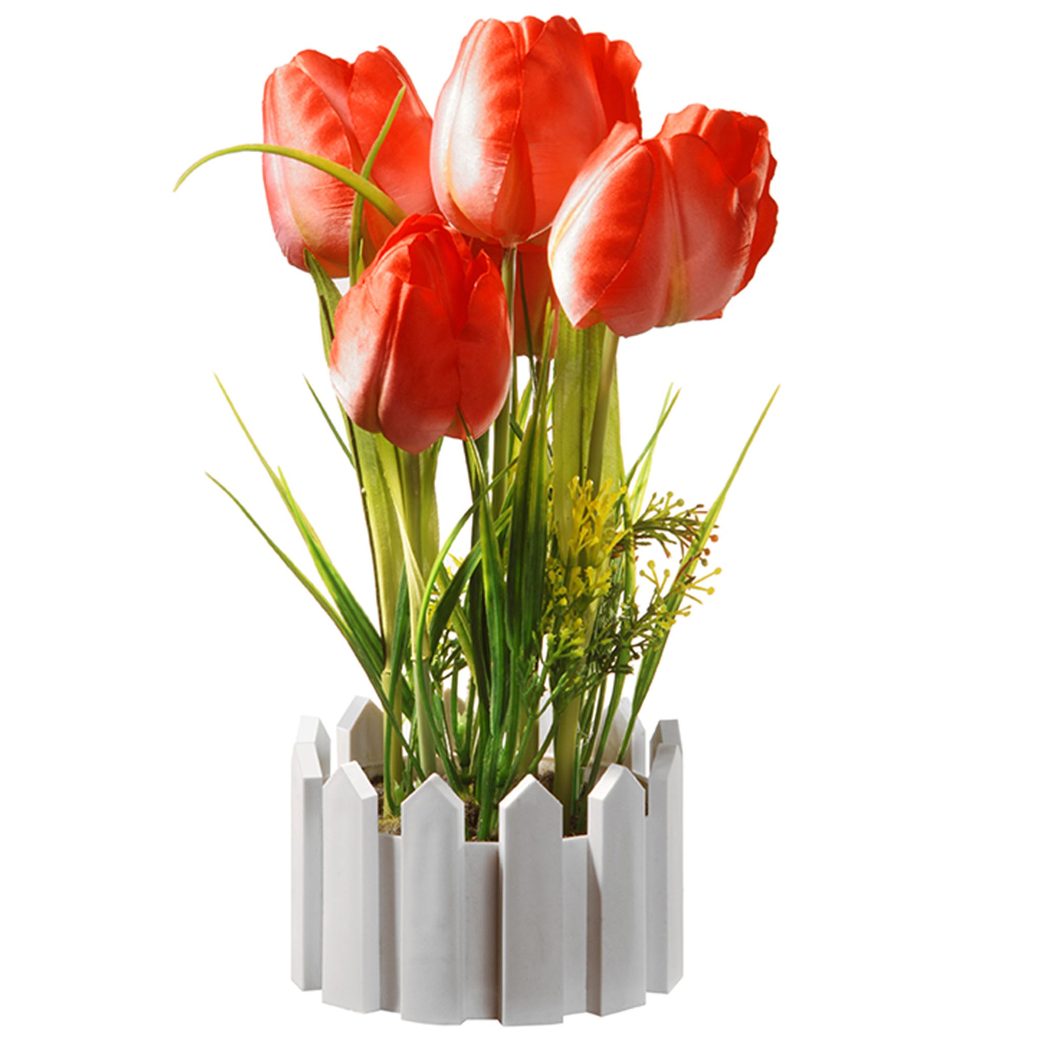 11 Inch Artificial Spring Red Tulips Flowers in White Picket Fence Planter - Home Decor, Office Desk, Wedding Centerpiece, Easter Decoration