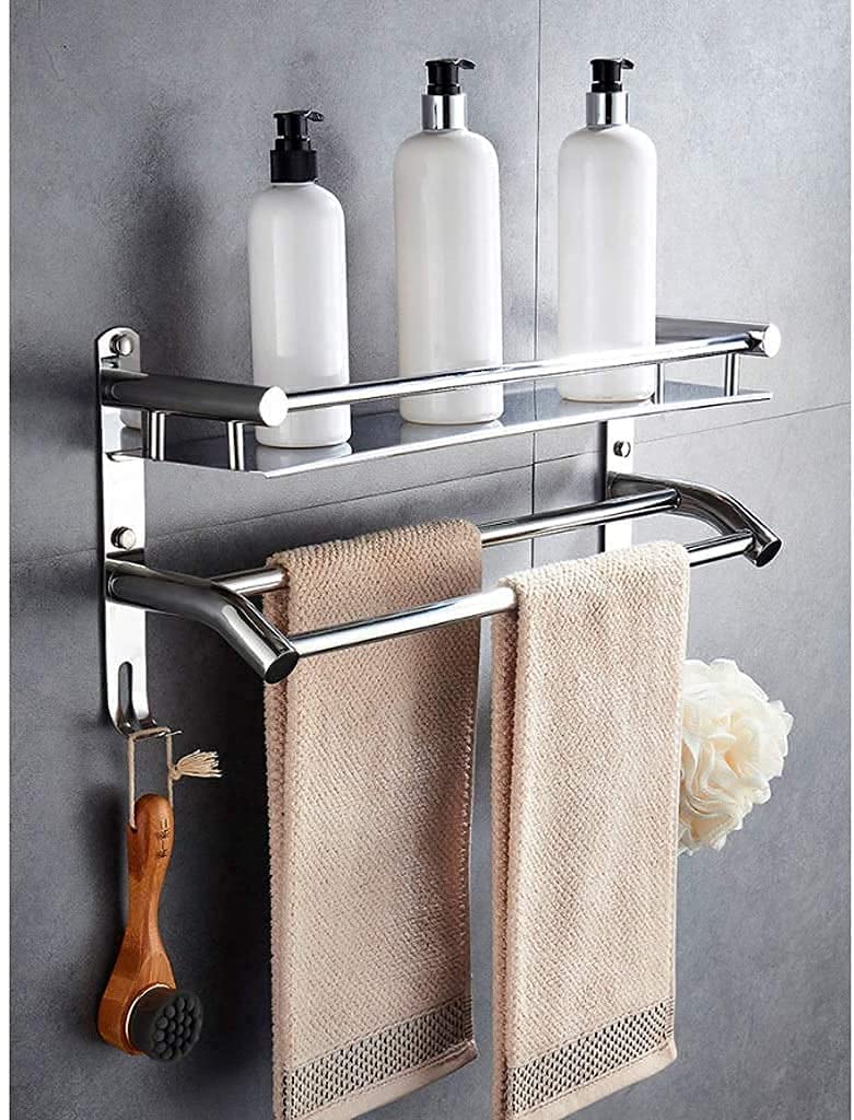2-Tier Chrome Wall Mounted Bathroom Towel Holder with Hooks - 60cm Space Saving Towel Rack for Bath, Kitchen & Laundry Room Organization