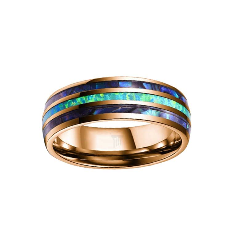 Rose Gold Tungsten Wedding Bands for Men - Abalone Shell & Blue Opal Inlay Ring, Comfort Fit Anniversary Gift for Him - Perfect for Tropical Weddings, Beach Proposals & Romantic Occasions