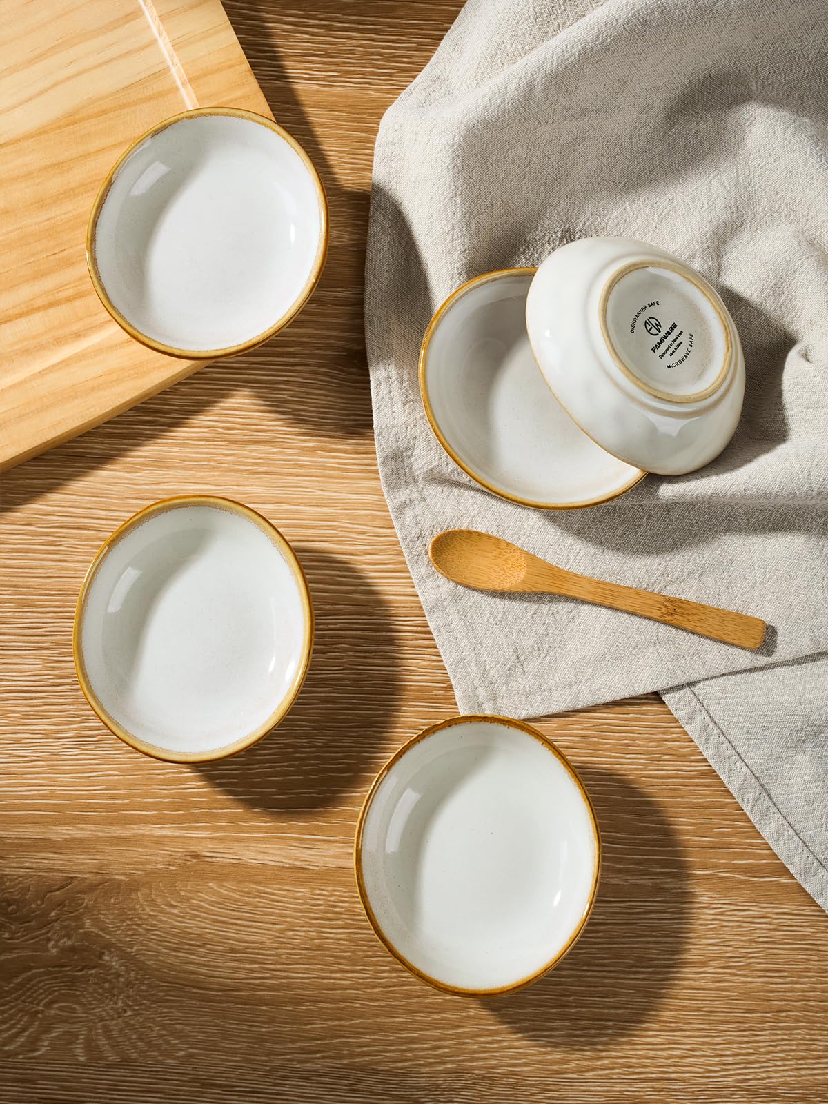 Famiware 6-Piece Oval Ceramic Soy Sauce Dishes - 2.1oz Small Dipping Bowls for Sushi, Appetizers, Snacks | Reactive Glaze Cappuccino White | Perfect for Japanese Restaurants, Home Kitchens & Party Serving