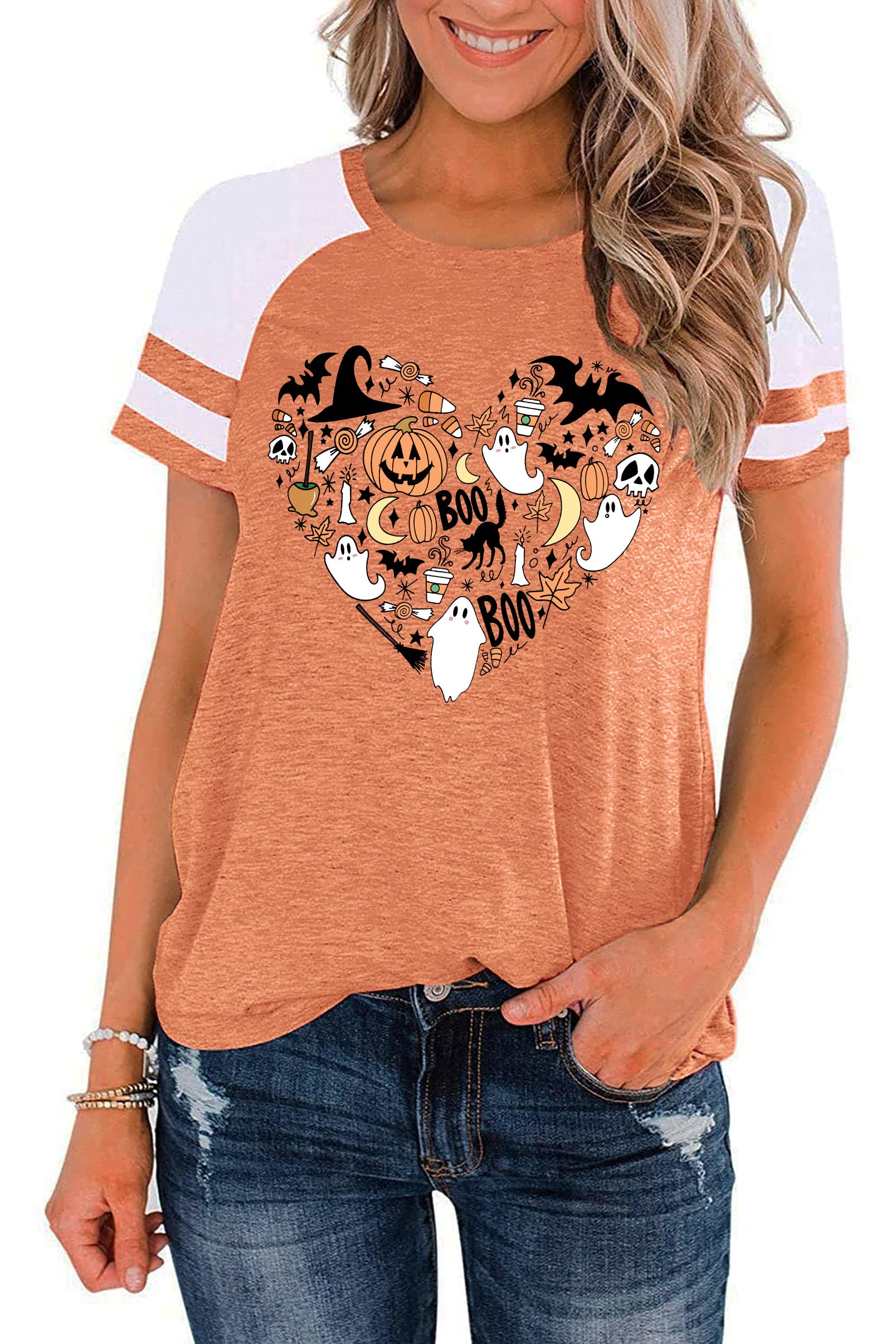 Funny Halloween T-Shirts for Women - Hocus Pocus Pumpkin Heart Graphic Tee Short Sleeve Top | Cute Fall Shirts for Halloween Parties, Costume Contest & Pumpkin Patch Outfits