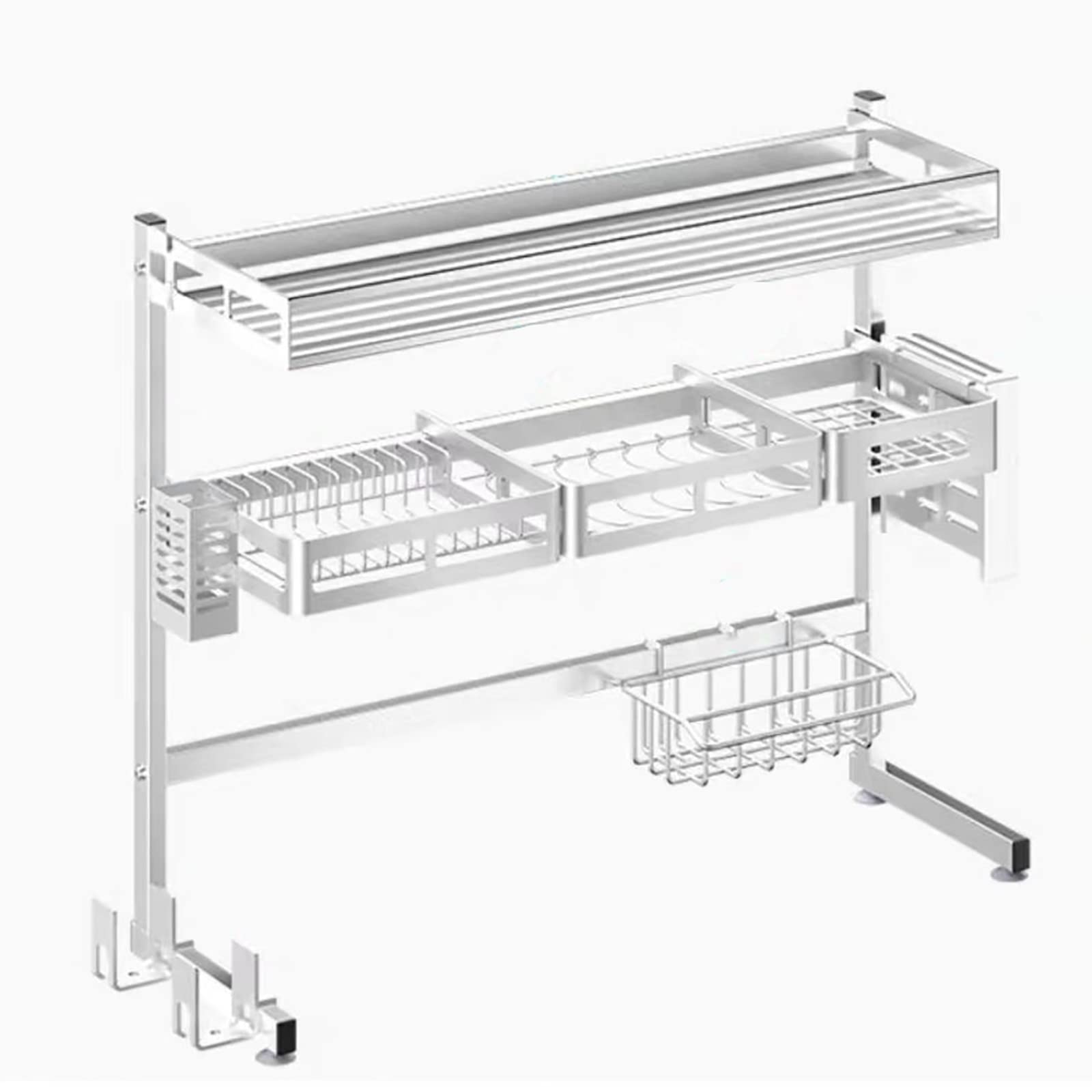 Stainless Steel Over Sink Dish Drainer Rack - Multifunctional Kitchen Utensil Drying Shelf & Storage Basket for Dishes, Cups, Cutlery - Perfect for Small Kitchens, Apartments, and Dining Areas (Silver)