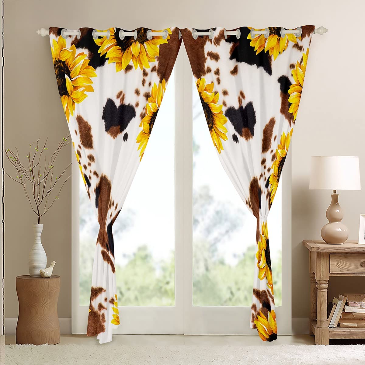 Cow Print Window Curtains 42x63 Inch - White Brown Black Cowhide Sunflower Design, Machine Washable, Western Animal Theme for Bedroom Decor | Perfect for Farmhouse, Boho, and Kids' Room Aesthetic
