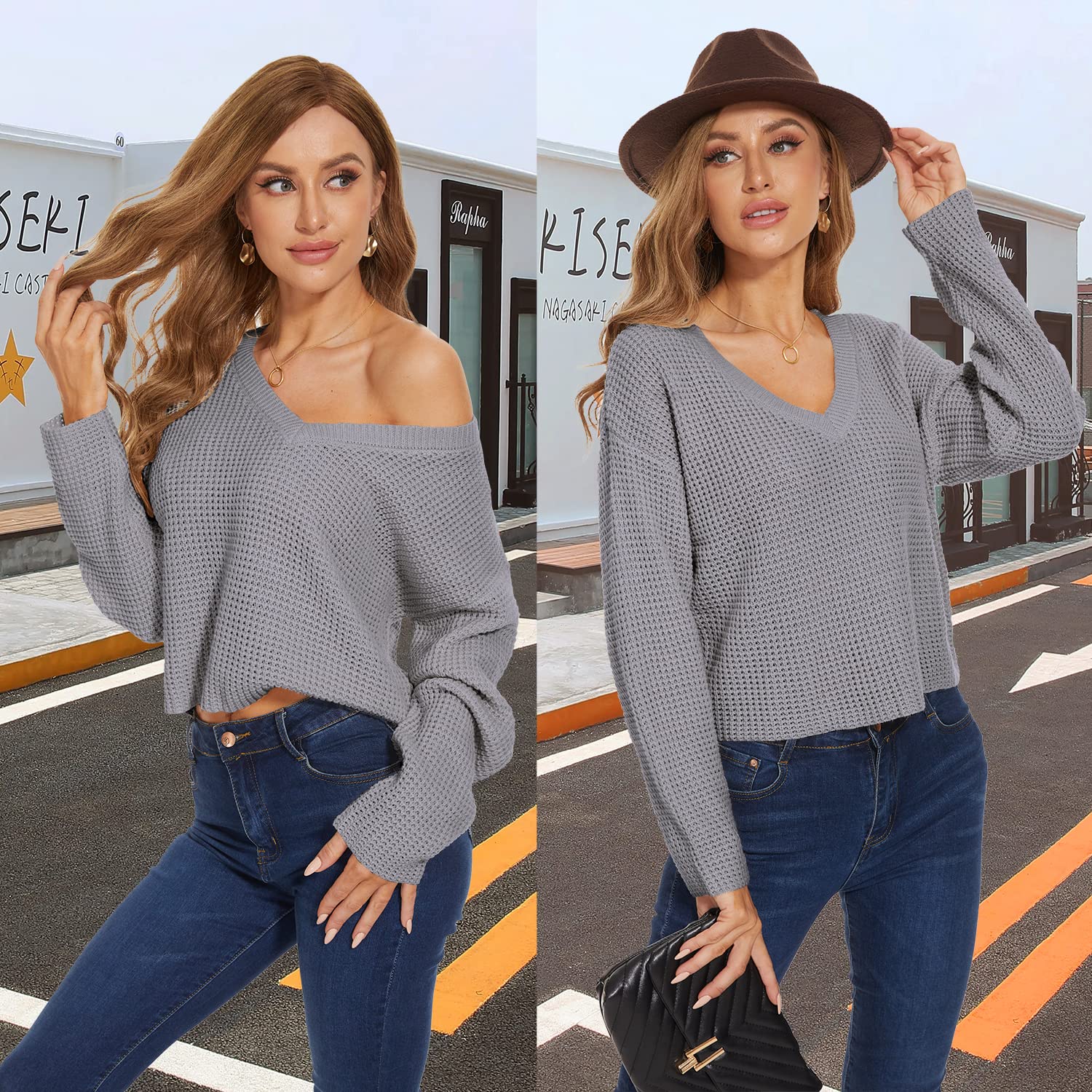 Jumppmile Women's V-Neck Waffle Knit Cropped Top Long Sleeve Pullover Sweater | Casual Fall Winter Layering Piece for Outfits & Date Nights
