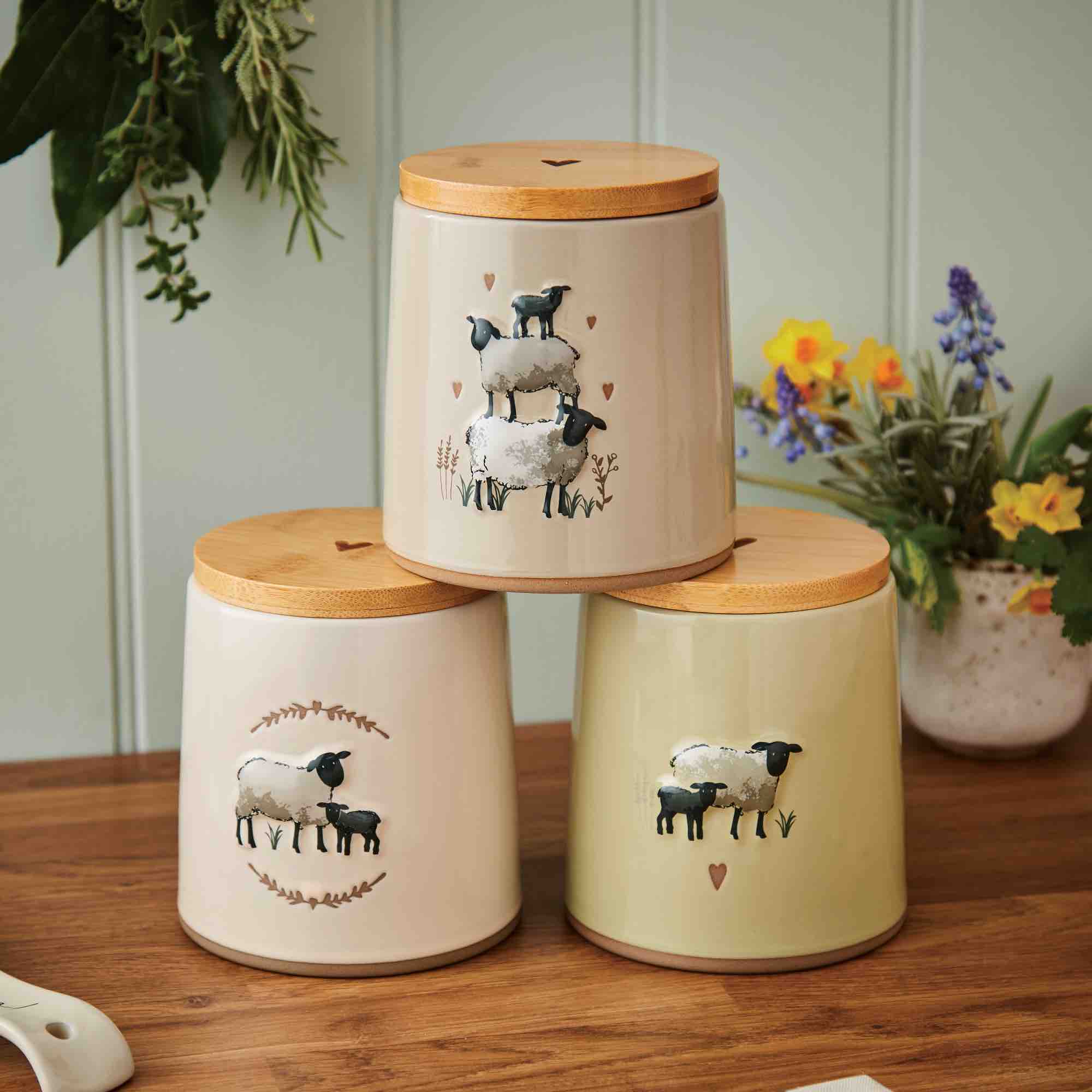 Highland Sheep Ceramic Canister Set - Beige Kitchen Storage Jar for Flour, Sugar & Coffee | Farmhouse Home Decor & Pantry Organization