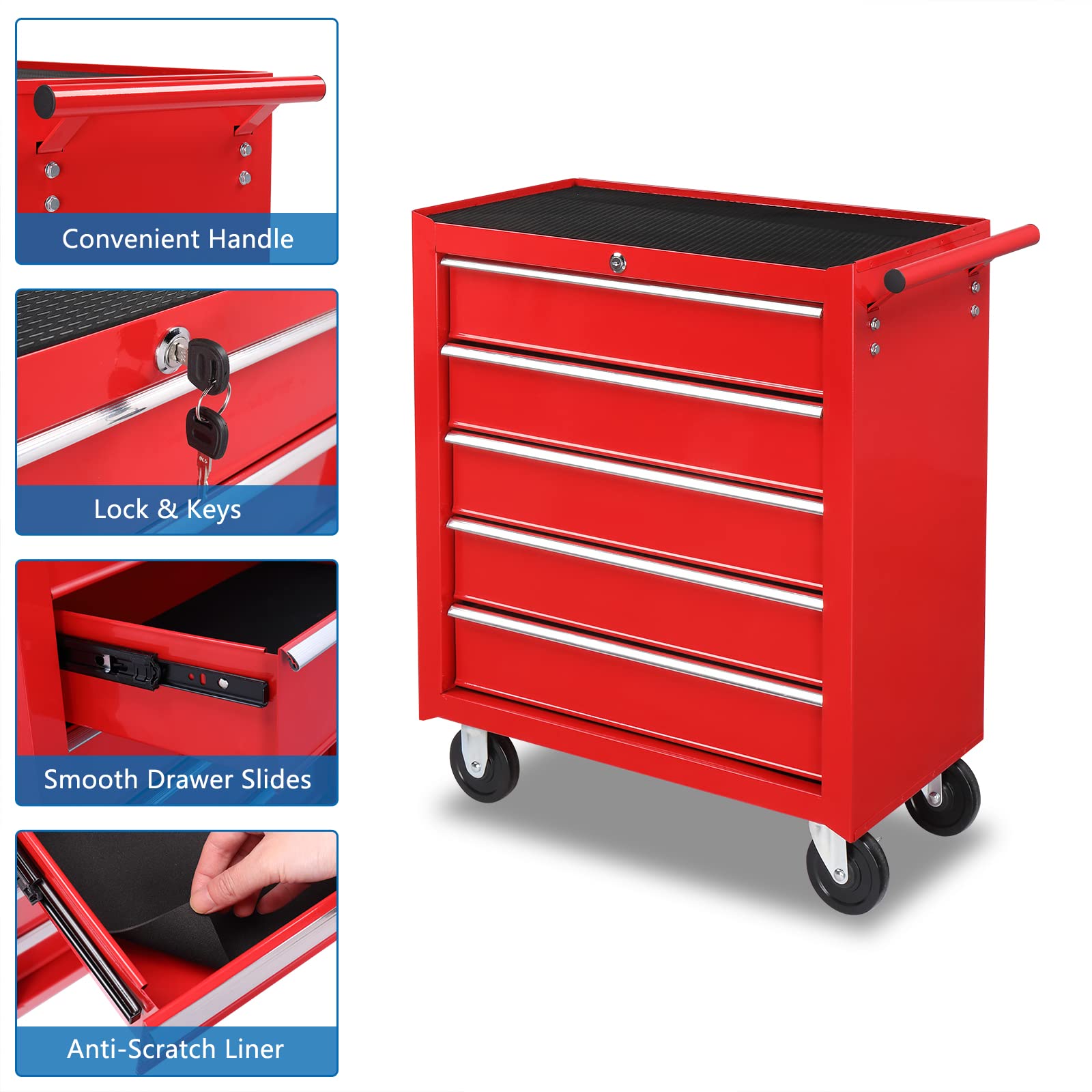TUFFIOM 5-Drawer Rolling Tool Chest with Lockable Wheels & Drawer Liners - Heavy Duty Tool Storage Cabinet with Top Cushion - Perfect for Garage, Workshop, Auto Repair & Home Organization