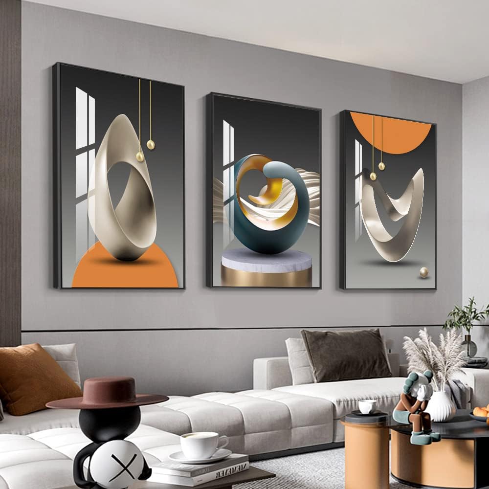 MPLONG Abstract Modern Wall Art Set - 3 Panel Framed Canvas Prints in White, Blue, Yellow & Grey - 24x32 Inch Contemporary Home Decor for Living Room, Bedroom & Office - Perfect for Modern & Minimalist Interior Design