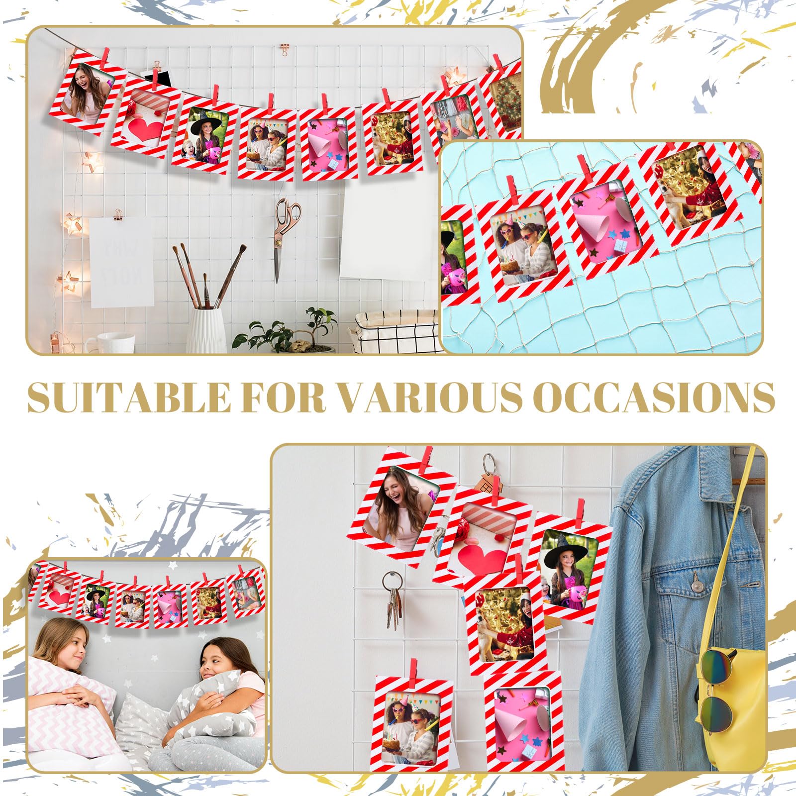 Janlaugh 100 Pcs 4x6 Paper Picture Frames with Clips & String Kit - DIY Hanging Cardboard Photo Holders for Home Decor, Parties, Weddings, Carnivals & Valentine's Day (Red White Striped Style) - Perfect for Wall Displays, Memory Boards & Event Decorations