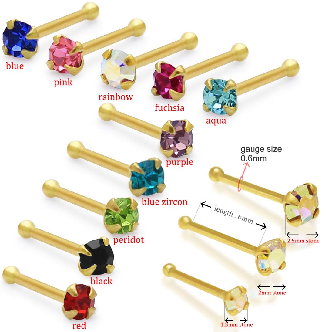 14K Yellow Gold Blue Sapphire Nose Stud - Round Crystal Stone 22 Gauge Nose Bone Piercing Jewelry for Women | Perfect for Everyday Wear, Parties & Special Occasions