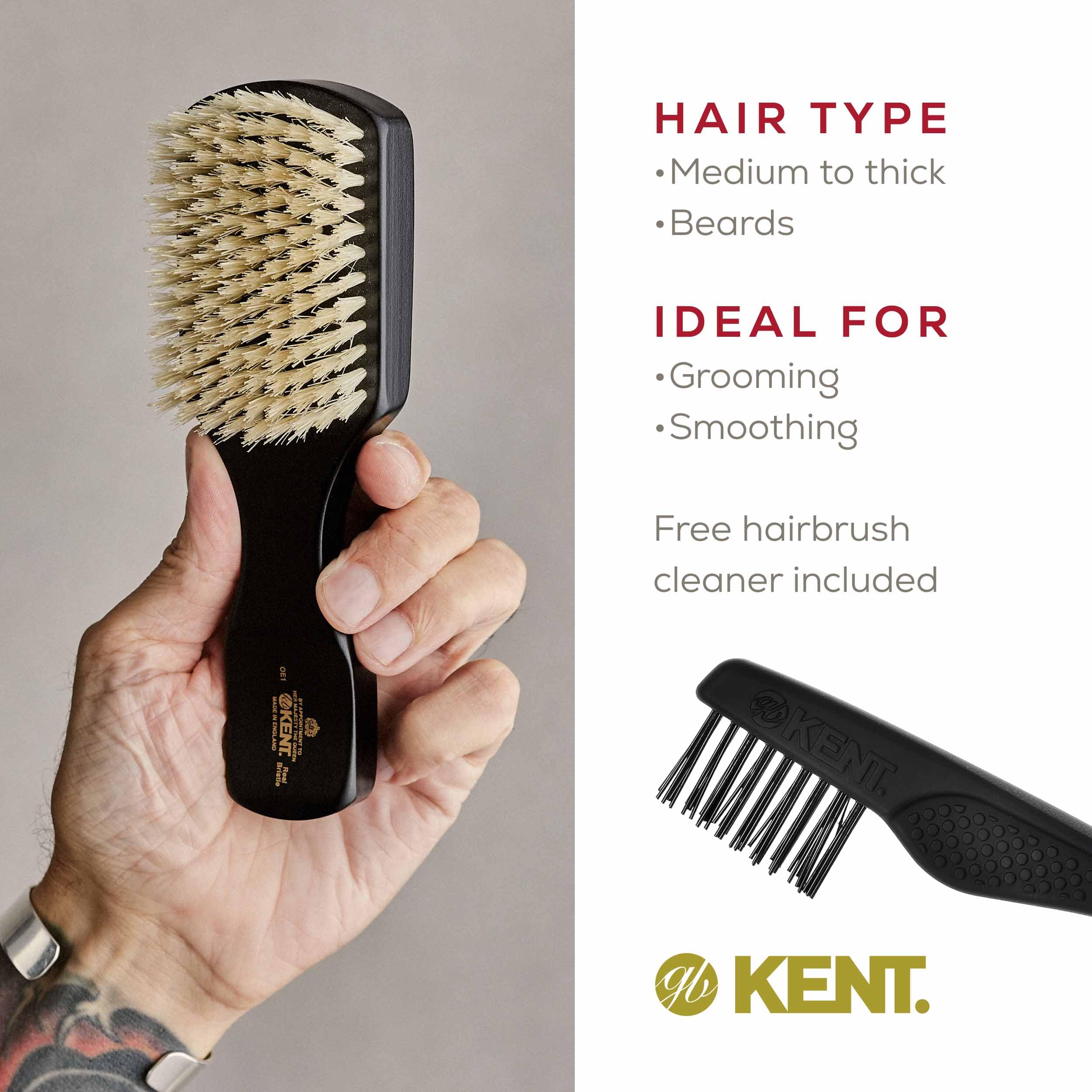Kent OE1 Boar Bristle Club Brush - Travel Size Natural Hair Brush for Men & Beard - Premium Ebony Wood Wave Brush for Styling & Grooming - Perfect for Home, Travel & Salon Use