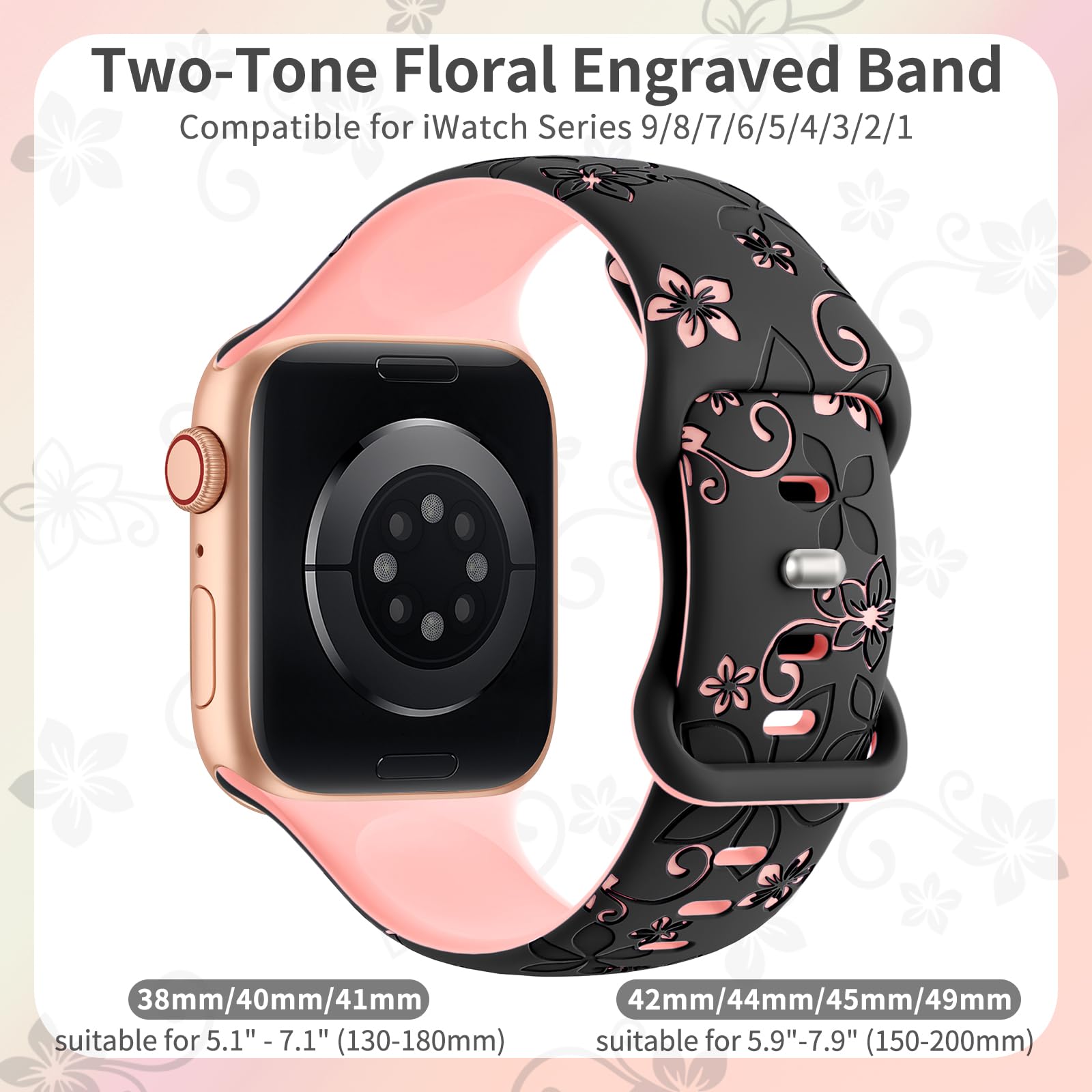 Floral Engraved Apple Watch Bands 38mm 40mm 41mm 42mm 44mm 45mm 46mm 49mm - Soft Silicone Sport Strap Compatible with iWatch Series 10/9/8/7/6/5/4/3/2/1/SE/Ultra - Cute Flower Design for Women - Perfect for Workouts, Daily Wear & Fashion Accessories