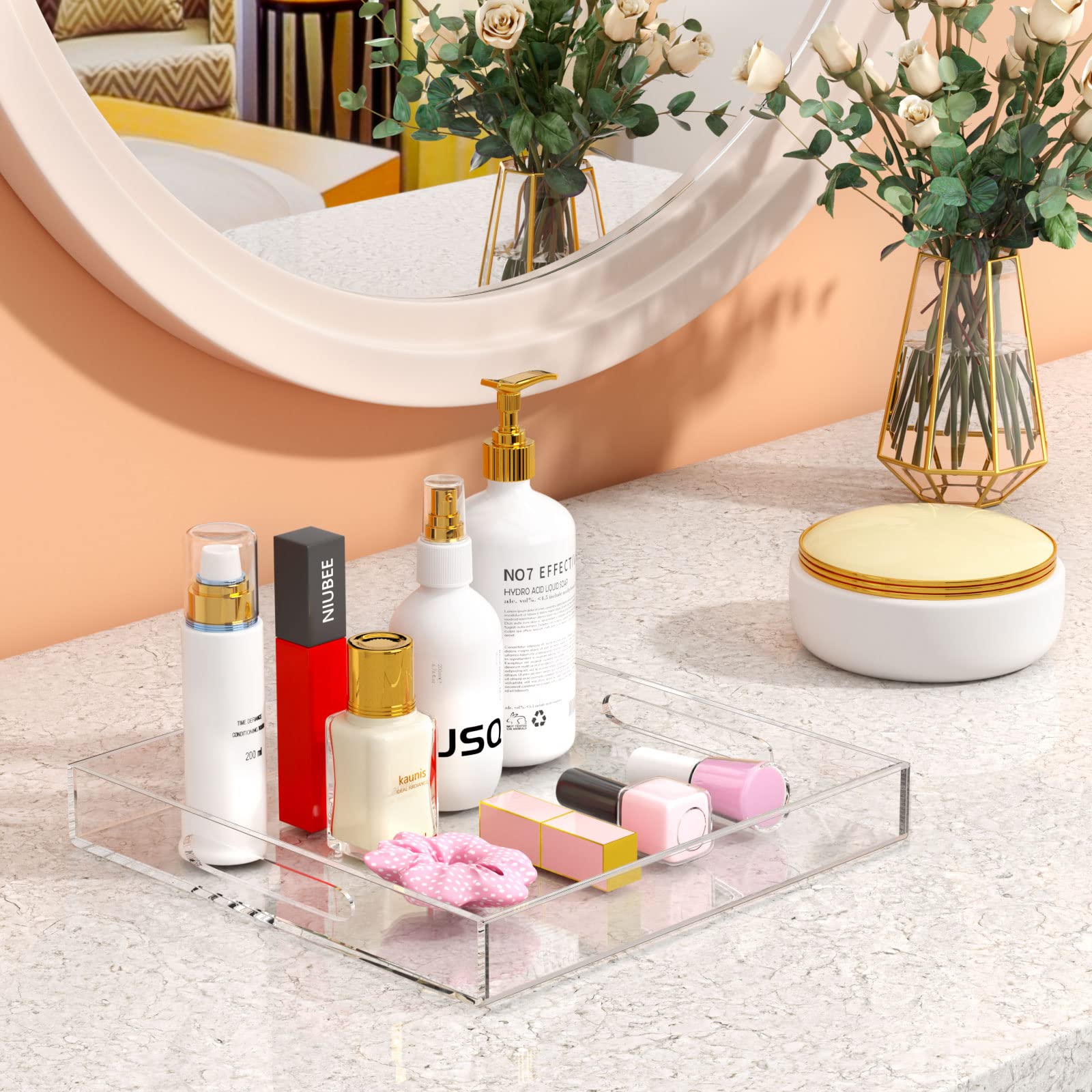NIUBEE 10x10 Inches Clear Acrylic Serving Tray - Spill Proof Decorative Tray with Handles for Coffee Table, Ottoman, Countertop Organizer - Perfect for Home Decor, Party Serving & Bathroom Storage