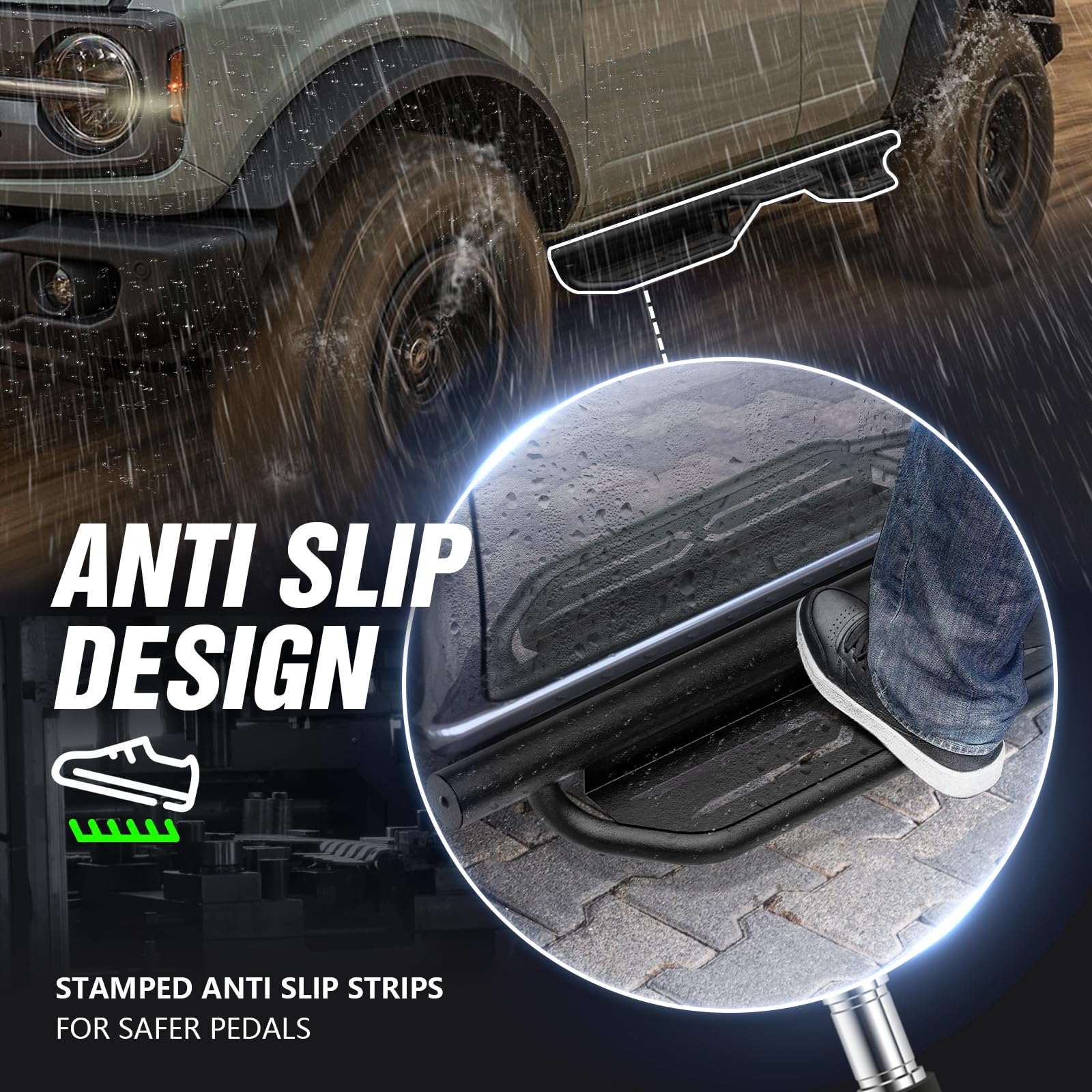 Heavy-Duty Running Boards Side Steps for 2021-2025 Ford Bronco 4 Door (Excluding Sport Model) - 2-Step Design Nerf Bars with Anti-Slip Step Plates & Rock Slider Rails | Perfect for Off-Roading, Camping & Daily Use
