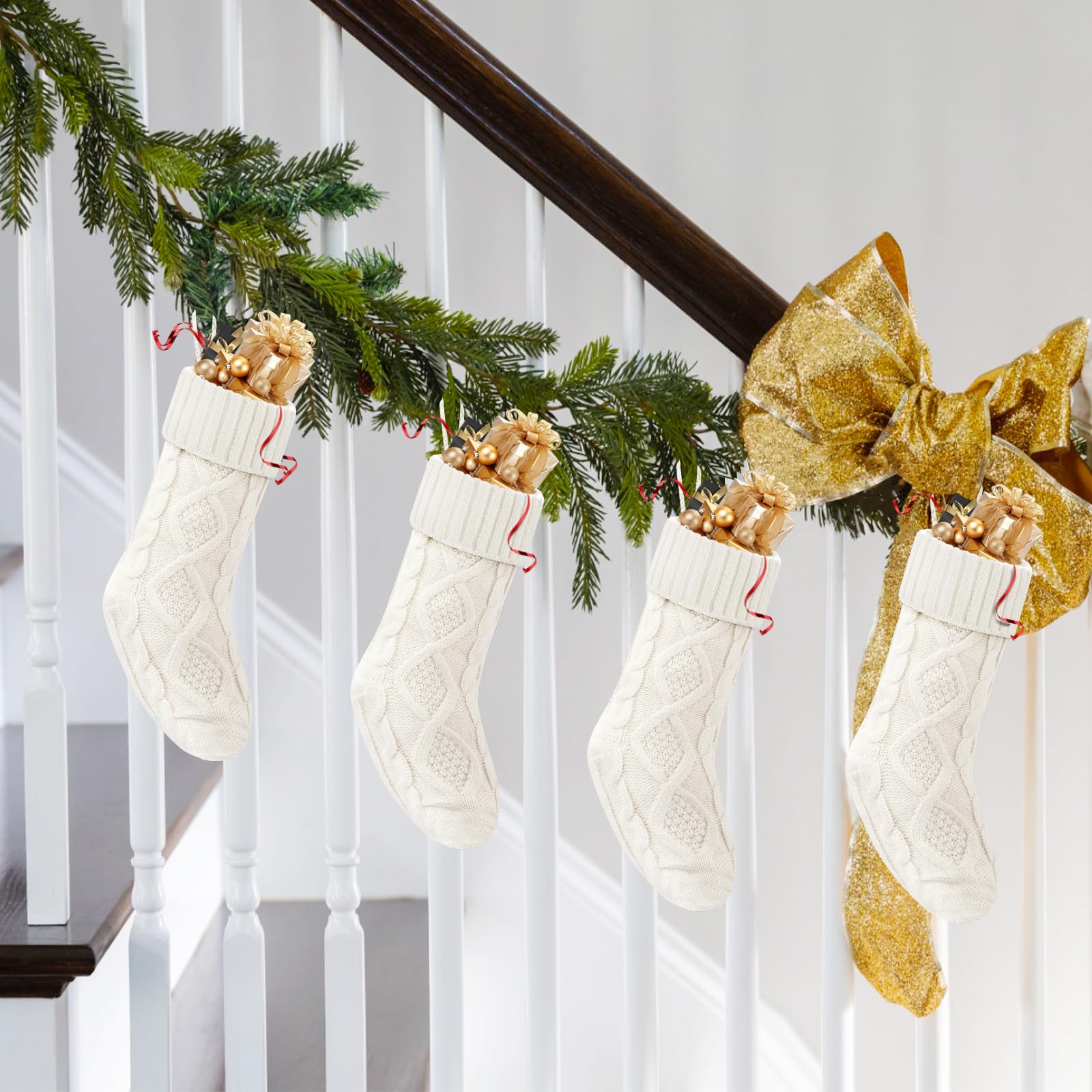VIBILIA Christmas Stockings 4 Pack - 18 Inch Large Knitted Xmas Stockings for Fireplace Decor, Holiday Party, Gift Exchange & Festive Home Decor (White)