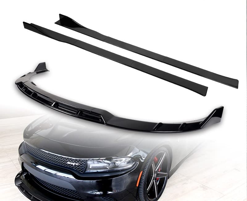 HYPERSPEED Front Bumper Spoiler Lip + Side Skirt Extension Rocker Panel Splitter Diffuser ABS for Dodge Charger 2015-2021 - Black Car Body Kit (86