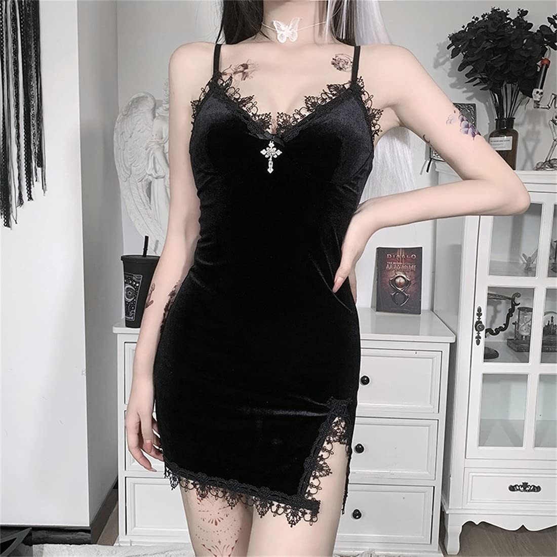Gothic Black Spaghetti Strap Mini Dress for Women - Punk High Waist Backless Bodycon Party Dress with Thigh Slit | Vintage Emo Style for Nightclub, Concert & Halloween Costume