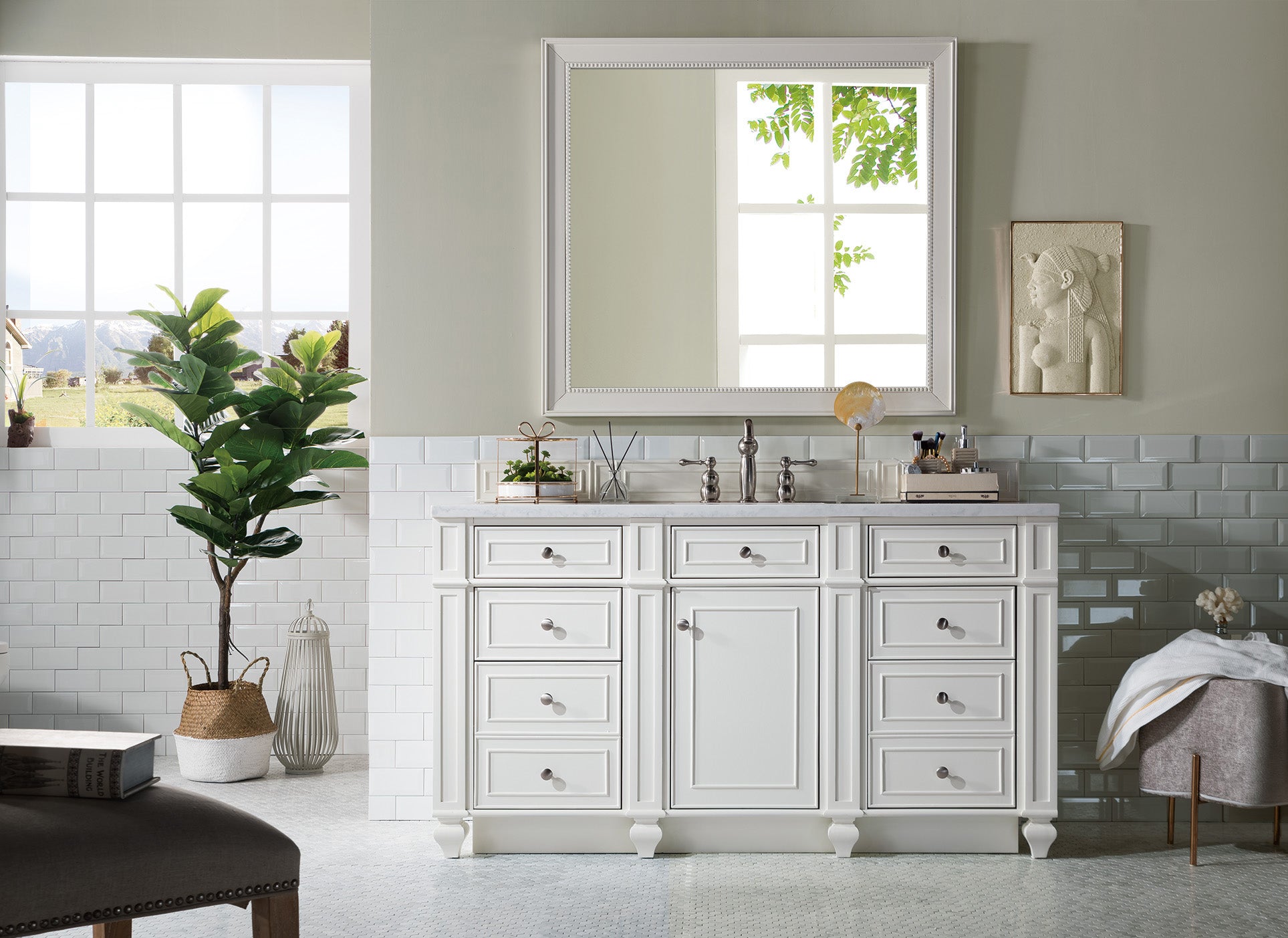 Bristol 60 Inch Single Bathroom Vanity with 3CM Arctic Fall Solid Surface Top in Bright White - Perfect for Modern and Contemporary Bathroom Designs
