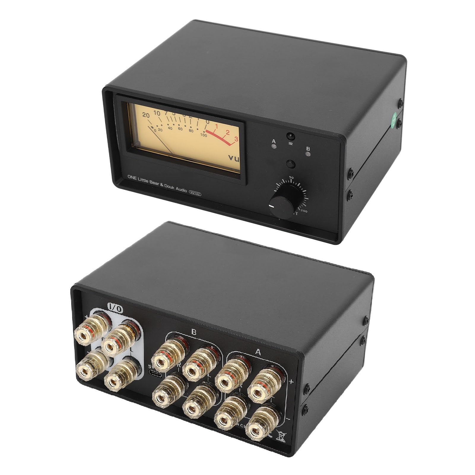 200W Speaker Selector Switch with VU Meter - 2 in 1 Out / 1 in 2 Out Audio Splitter, Volume Control for Home Theater & Multi-Room Audio System