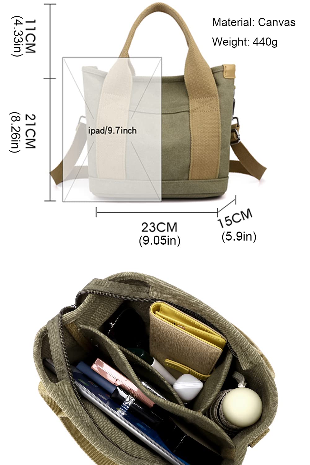 Women's Canvas Tote Bag with Zipper - Multi-Pocket Hobo Shoulder Bag for Travel & Work