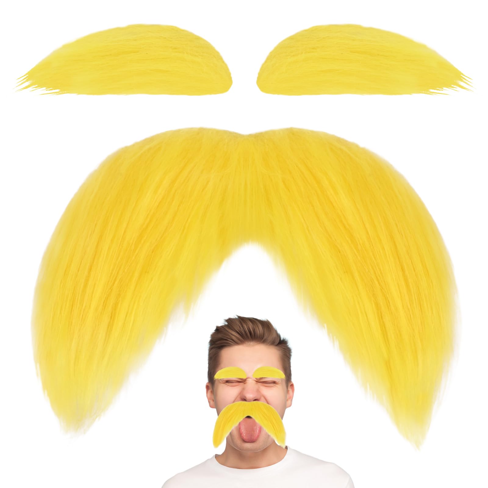 Self-Adhesive Fake Mustache and Eyebrows for Adults - Yellow Novelty Beard for Halloween Costumes, Cosplay, Parties & Dress Up - Funny Costume Accessories for Men and Women - Perfect for Halloween, Themed Parties, Comedy Shows and Pranks
