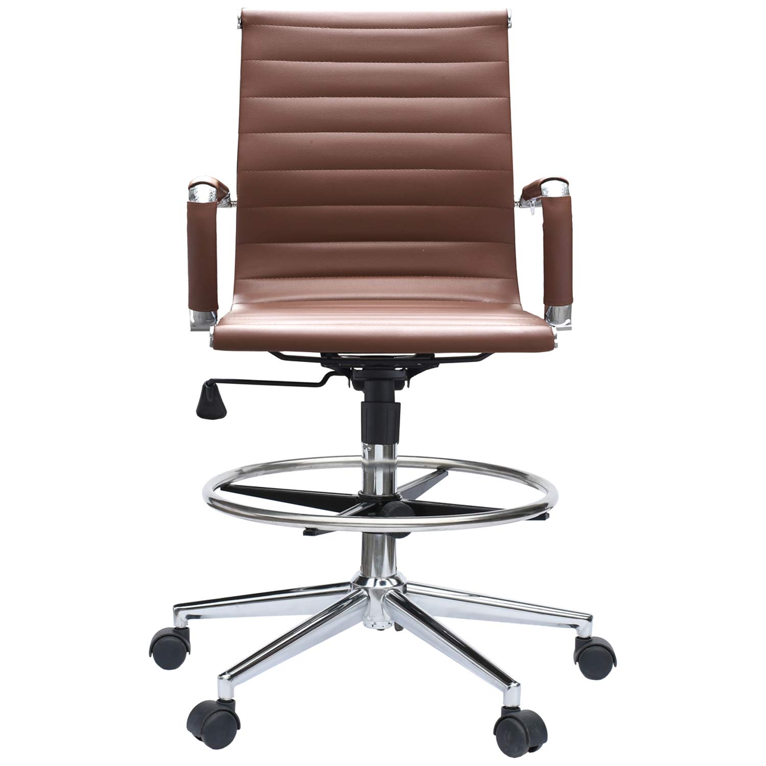 2xhome Modern Ergonomic PU Leather Mid Back Office Chair with Chrome Armrests, Footrest & Tilt Function - Rolling Swivel Chair for Home Office, Drafting Desk & Computer Workstation (Brown)