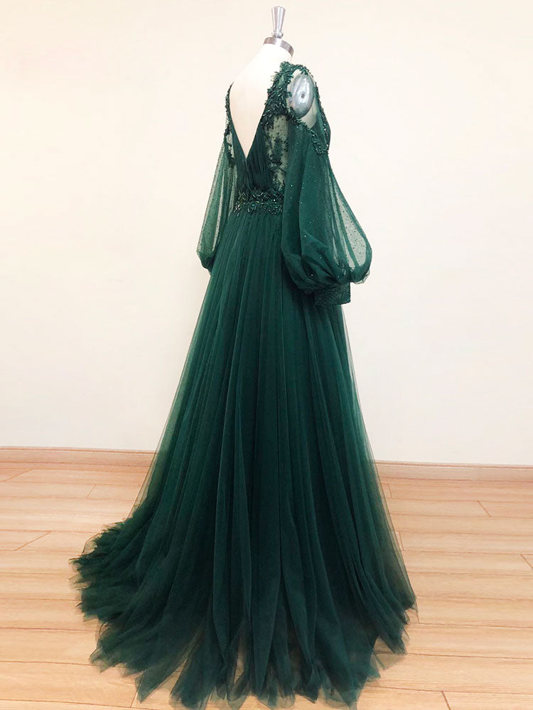 Elegant A-Line V-Neck Tulle Lace Green Long Prom Dress for Women | Formal Evening Gown for Homecoming, Wedding Guest, and Special Occasions