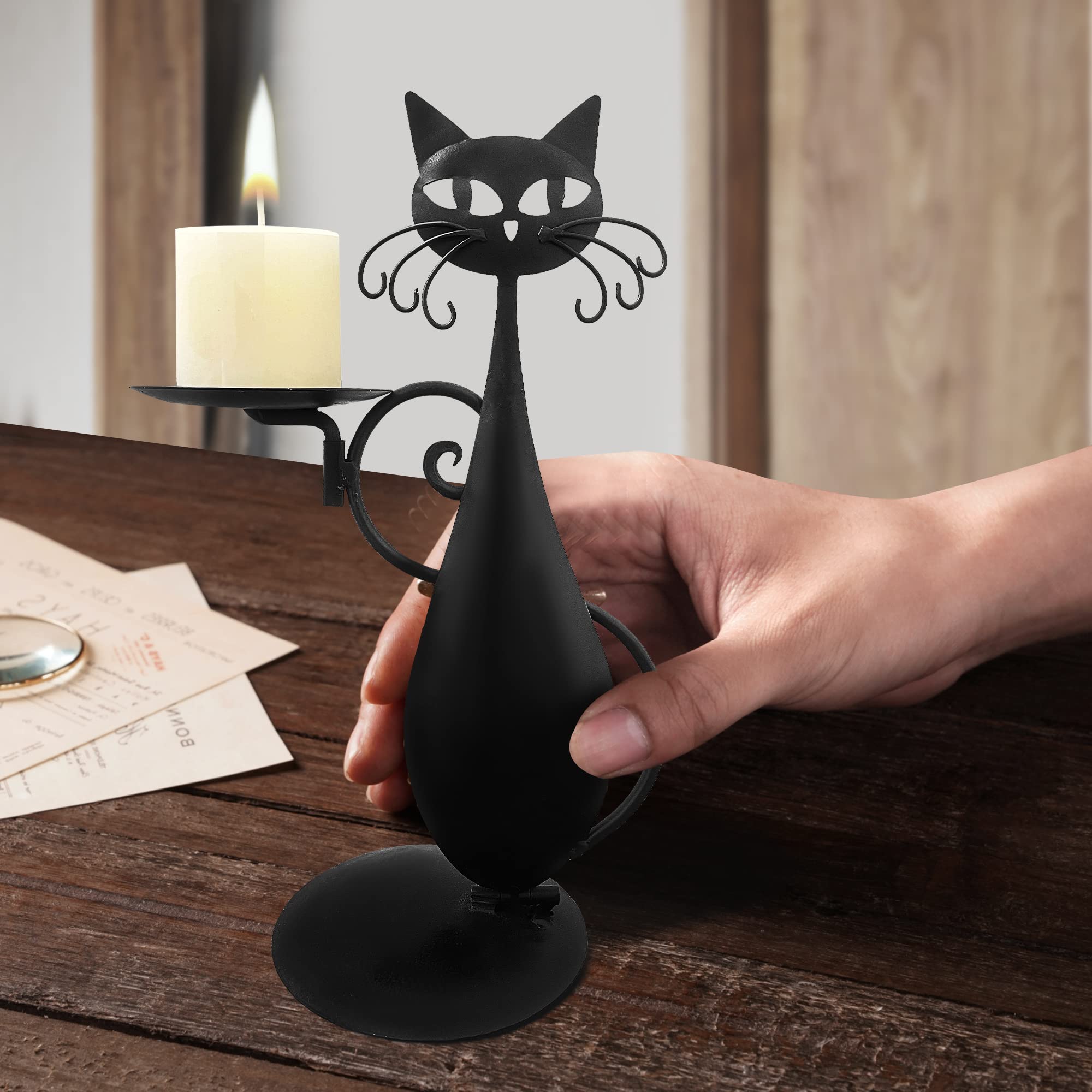 Black Cat Candle Holder for Pillar & LED Candles - Farmhouse Decor for Dining Table & Gifts