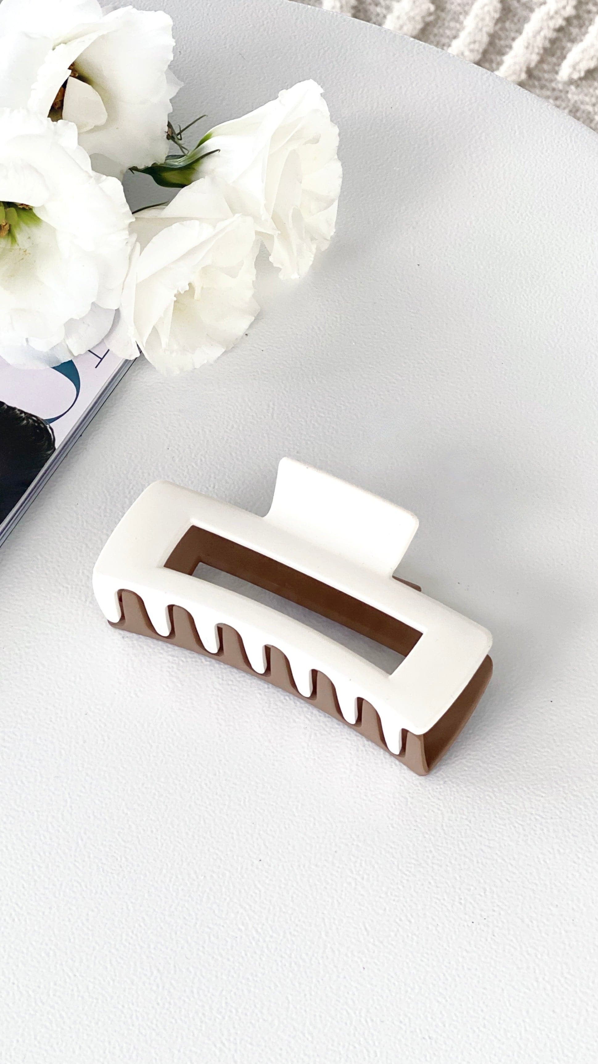 Lily Two Tone Rectangle Hair Clip - White/Tan Hair Accessory for Women & Girls - Perfect for School, Work, and Everyday Styling